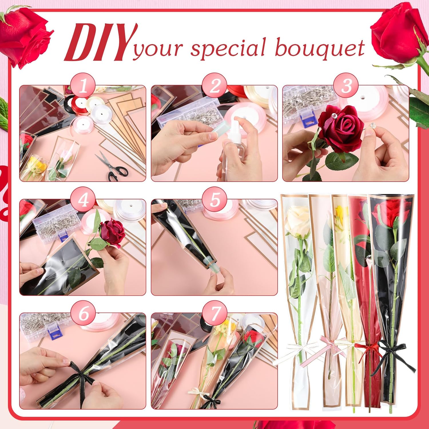 Cholemy 1200 Pcs Mother's Day Single Flower Wrapping Kit Including 400 Single Rose Sleeves 400 Floral Water Tubes 400 Crystal Diamond Head Bouquet Pins 5 Ribbon for Gifts