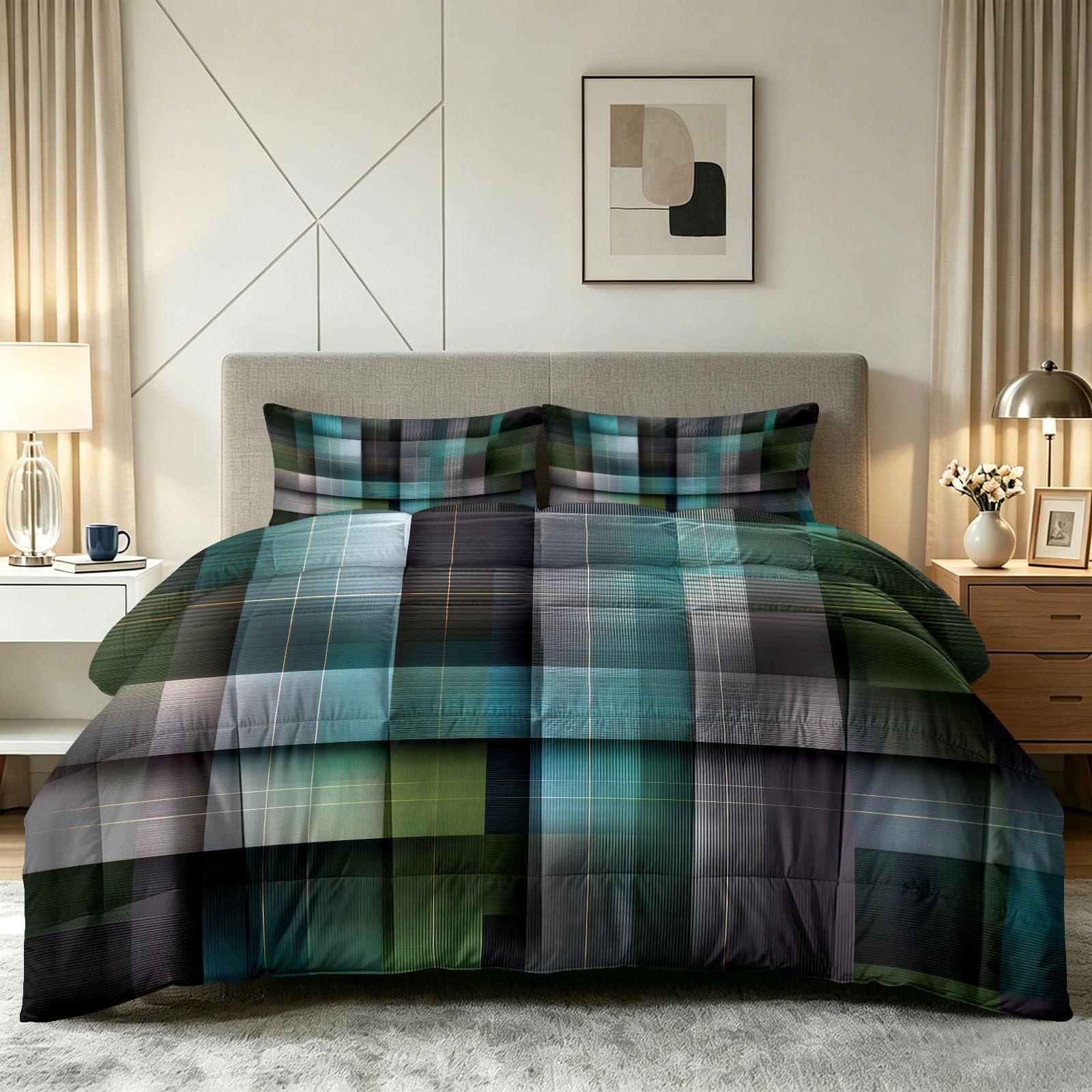 Sommerdecke ohne bezug 155x220 cm Grau Minimalistisch Geometrisch Textur Antiallergisch Leichtsteppbett & Ganzjahresdecke - Waschbar mit 2 Kissenbezügen Modern Kariert Weiche und Atmungsaktive Wende
