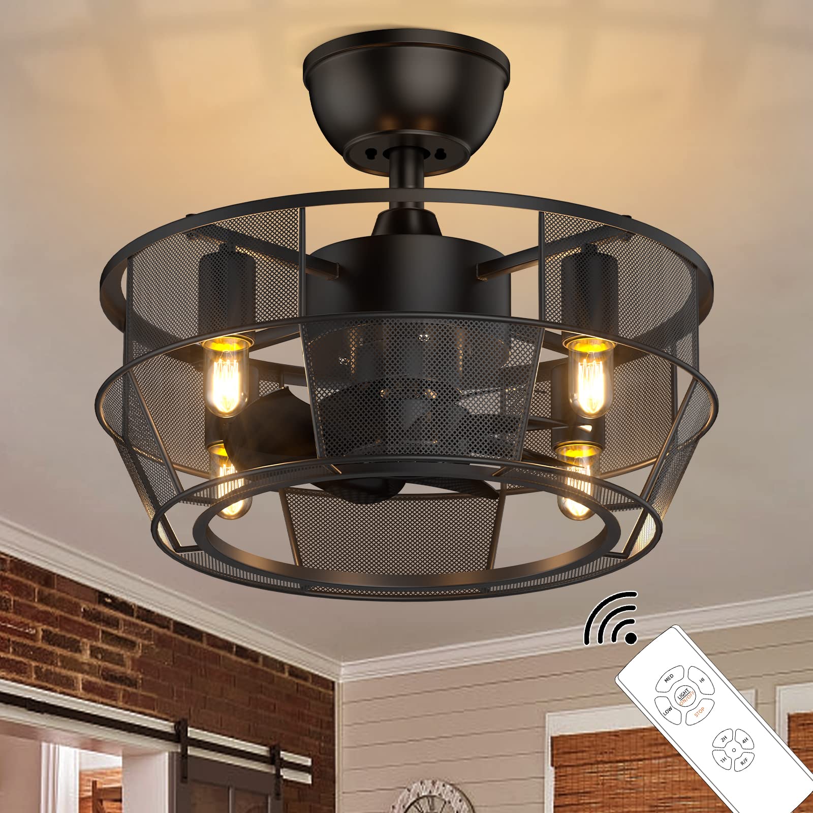 Ghicc Caged Ceiling Fan, Small Farmhouse Ceiling Fan with Light Remote Control, Industrial Bladeless Ceiling Fan for Outdoor and Indoor