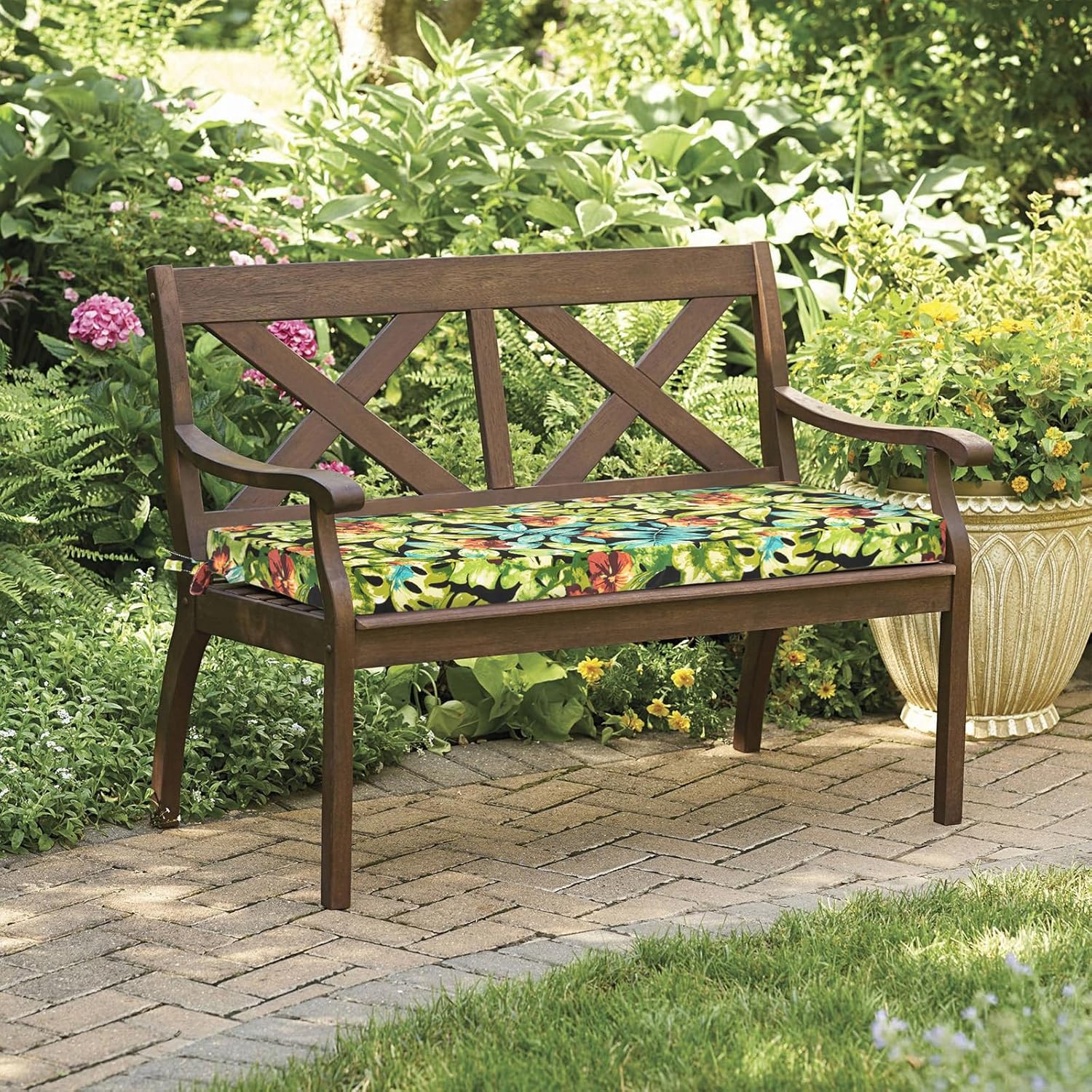 Patio Bench Cushion Covers for Outdoor Furniture with Ties,Water Resistant Loveseat/Settee Cushion Slipcover 48x18x3 Inch for Swing Porch Garden (Replacement Cover Only)-Tropical Green Leaves
