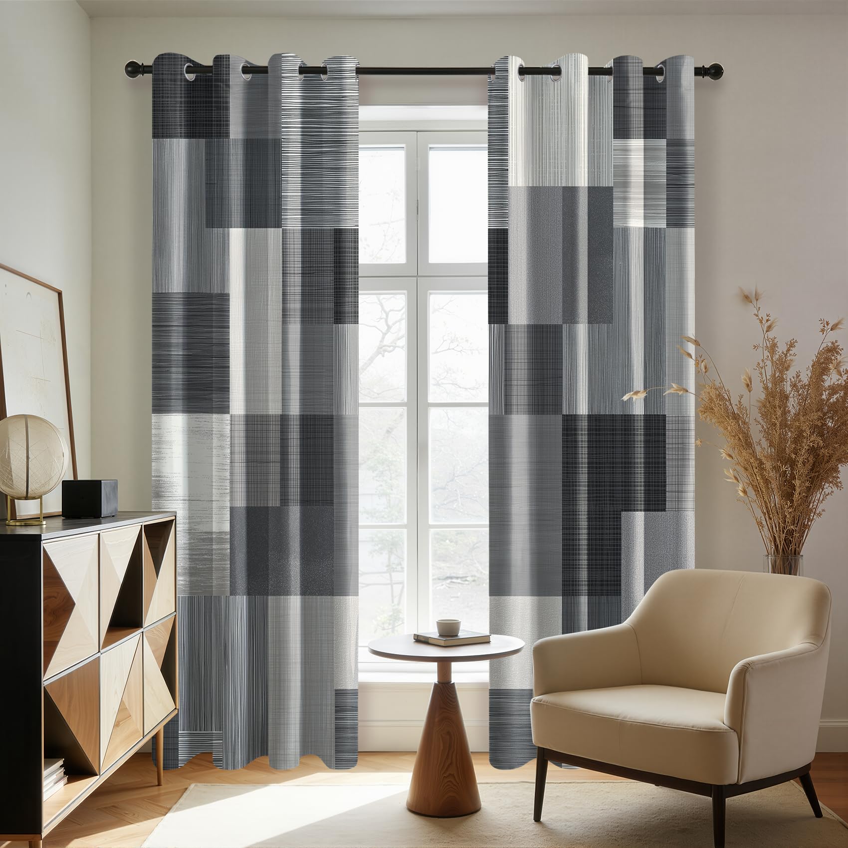 Mistela Graue Vorhänge, moderner geometrischer Schlafzimmervorhang, Ösen, Verdunkelung, wärmeisoliert, kleine Fenstervorhänge für Wohnzimmer, B 46 x T 72 cm, 2 Paneele, minimalistische
