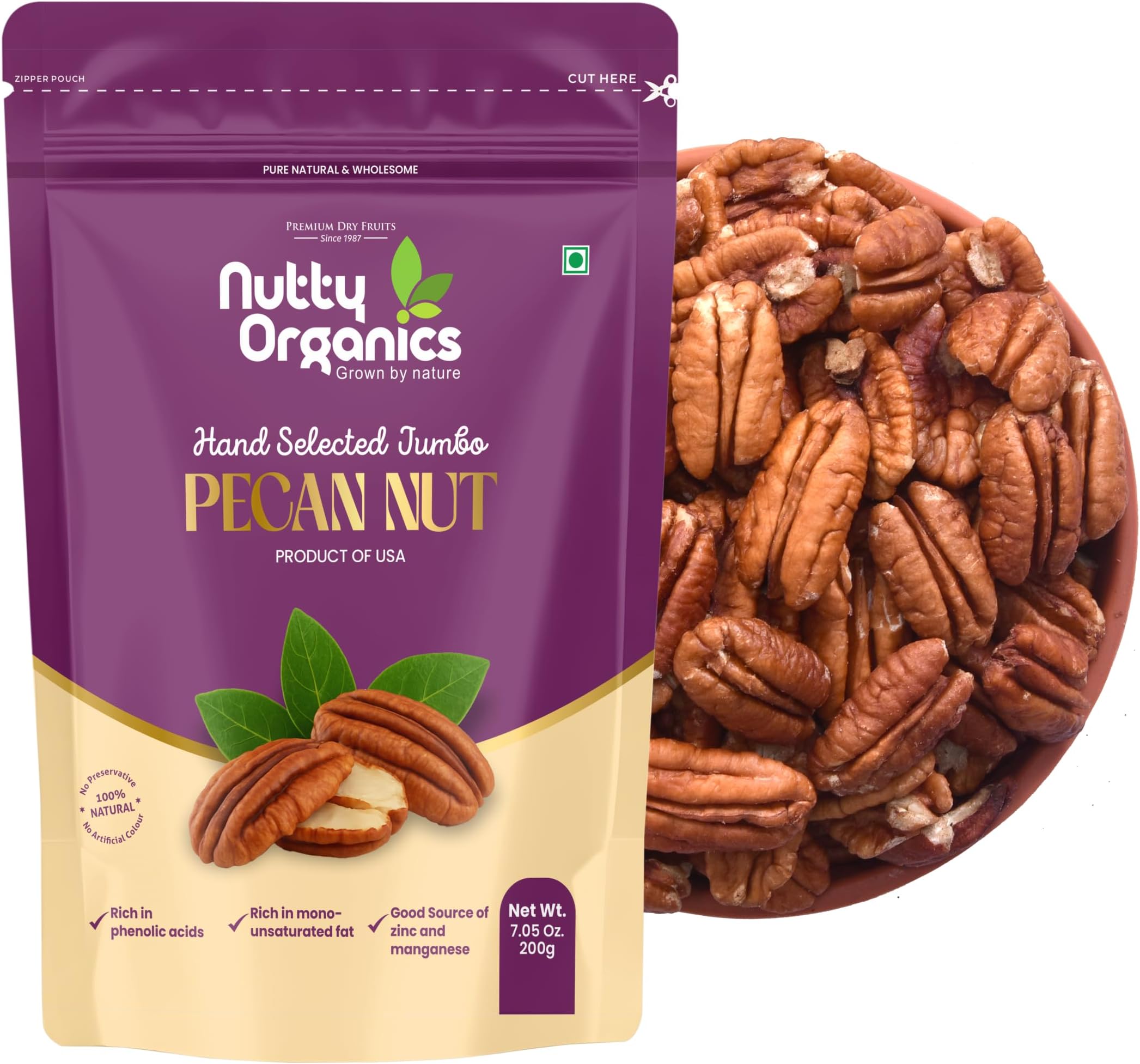 Pecan Nuts Kernel 200g | Premium Shelled Pecan Nuts | Rich in Antioxidants & Healthy Fats | Natural Dry Fruits
