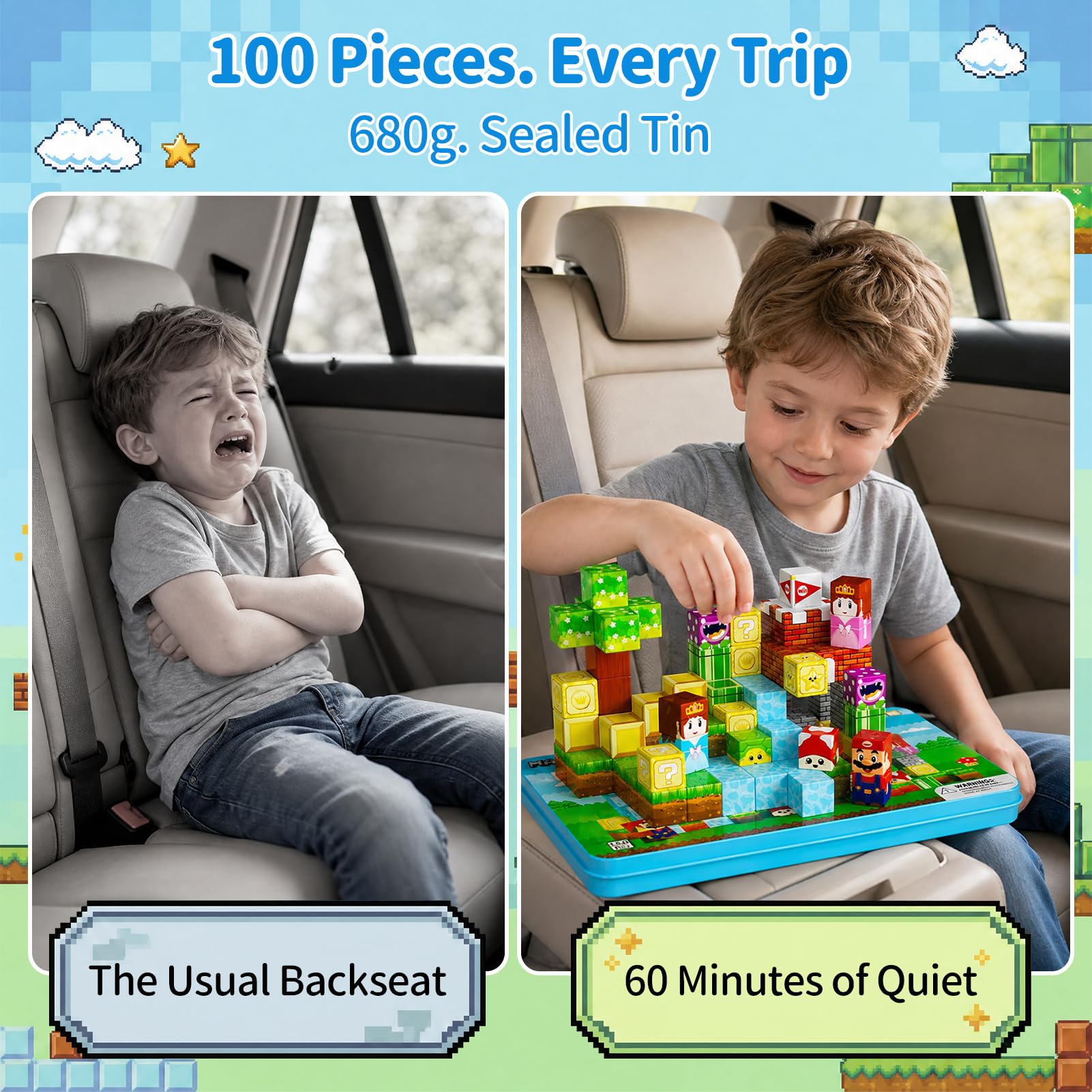 Bloki magnetyczne Voyage dla dzieci: 100 kostek magnetycznych Avec Boîte w metalu, koncentracja 90 minut do Voiture lub l'avion, pour garçons et filles od 3 do 8 ANS