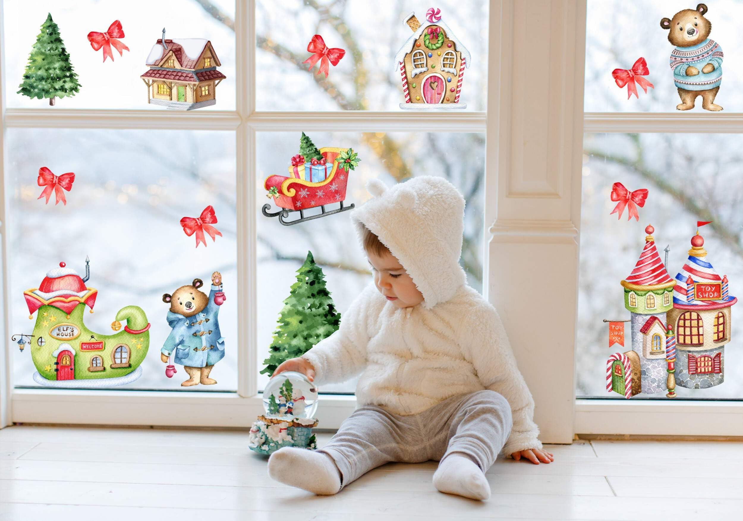 Quotemywall Light/White Cute Bears Christmas Village Window Decals Stickers