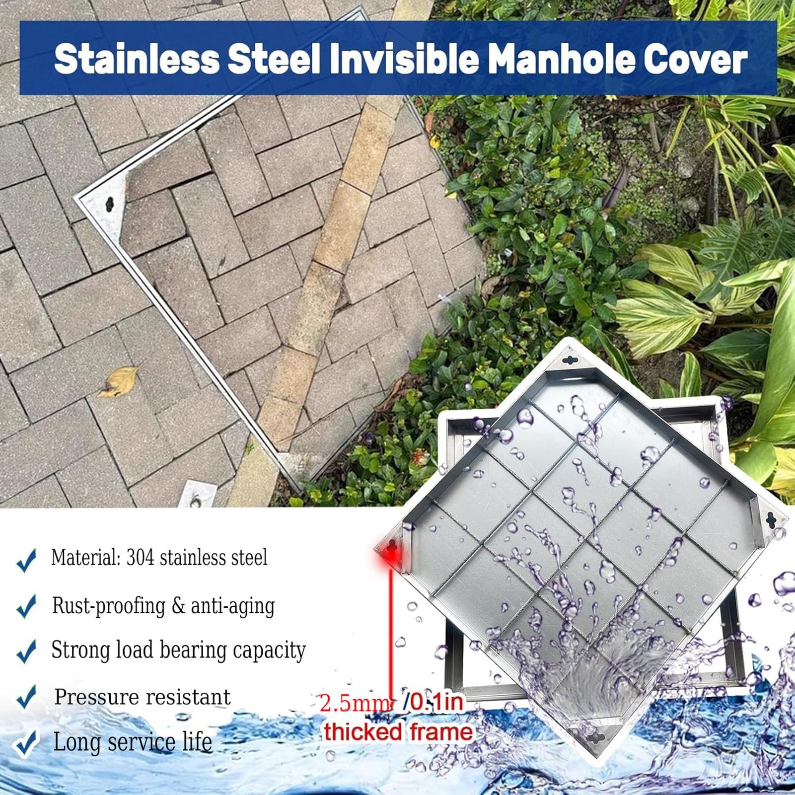 Coperchio e telaio per tombino in acciaio inox resistente, coperchio quadrato per fossa settica con base, coperchio di ispezione invisibile per pozzetto fognario per vialetto e giardino (76x66 cm)