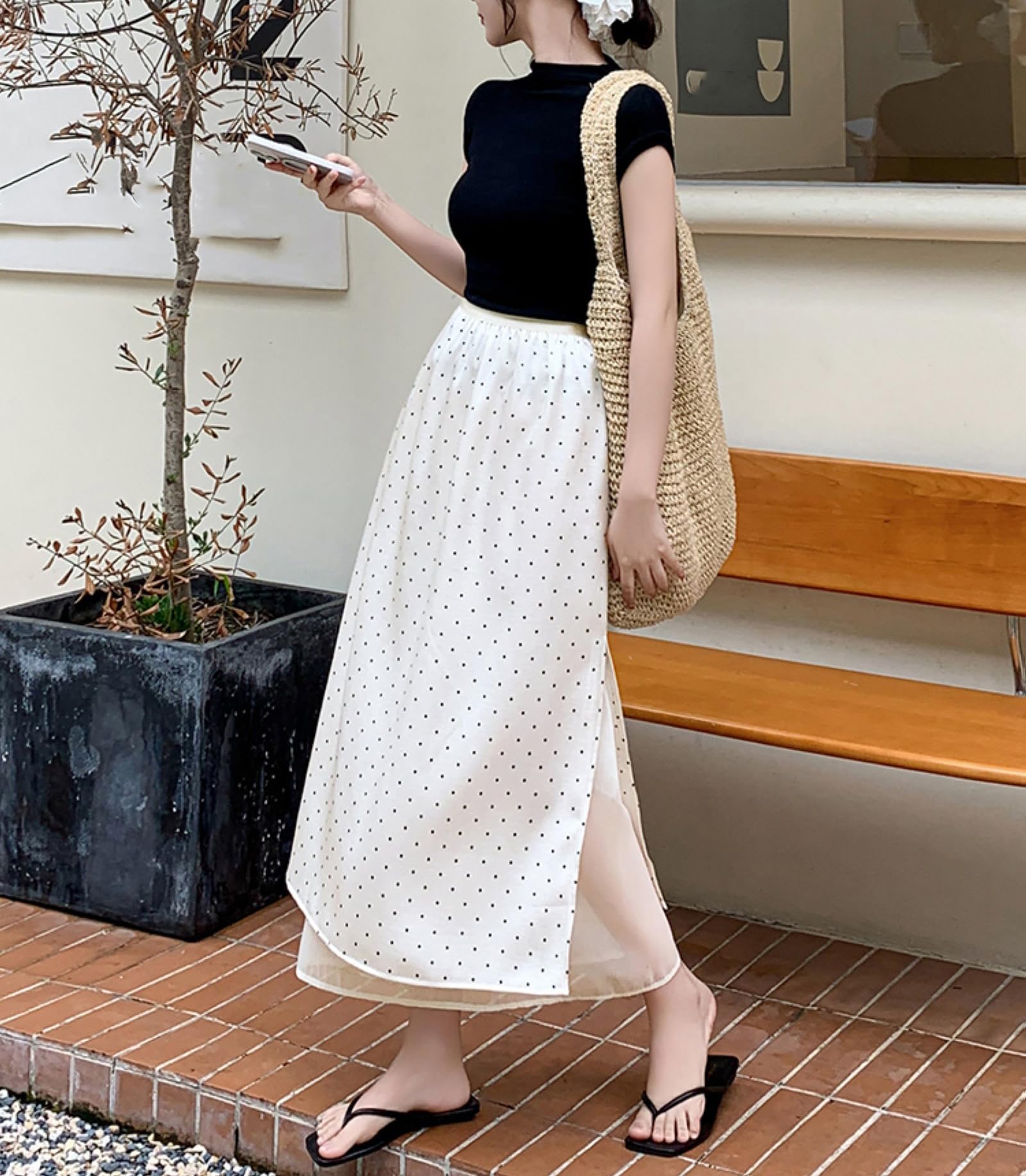 Jupe À Pois Pour Femmes Taille Élastique Coupe Slim Tulle Doublure Fentes Latérales Mode Décontractée Jupes Longues En Satin