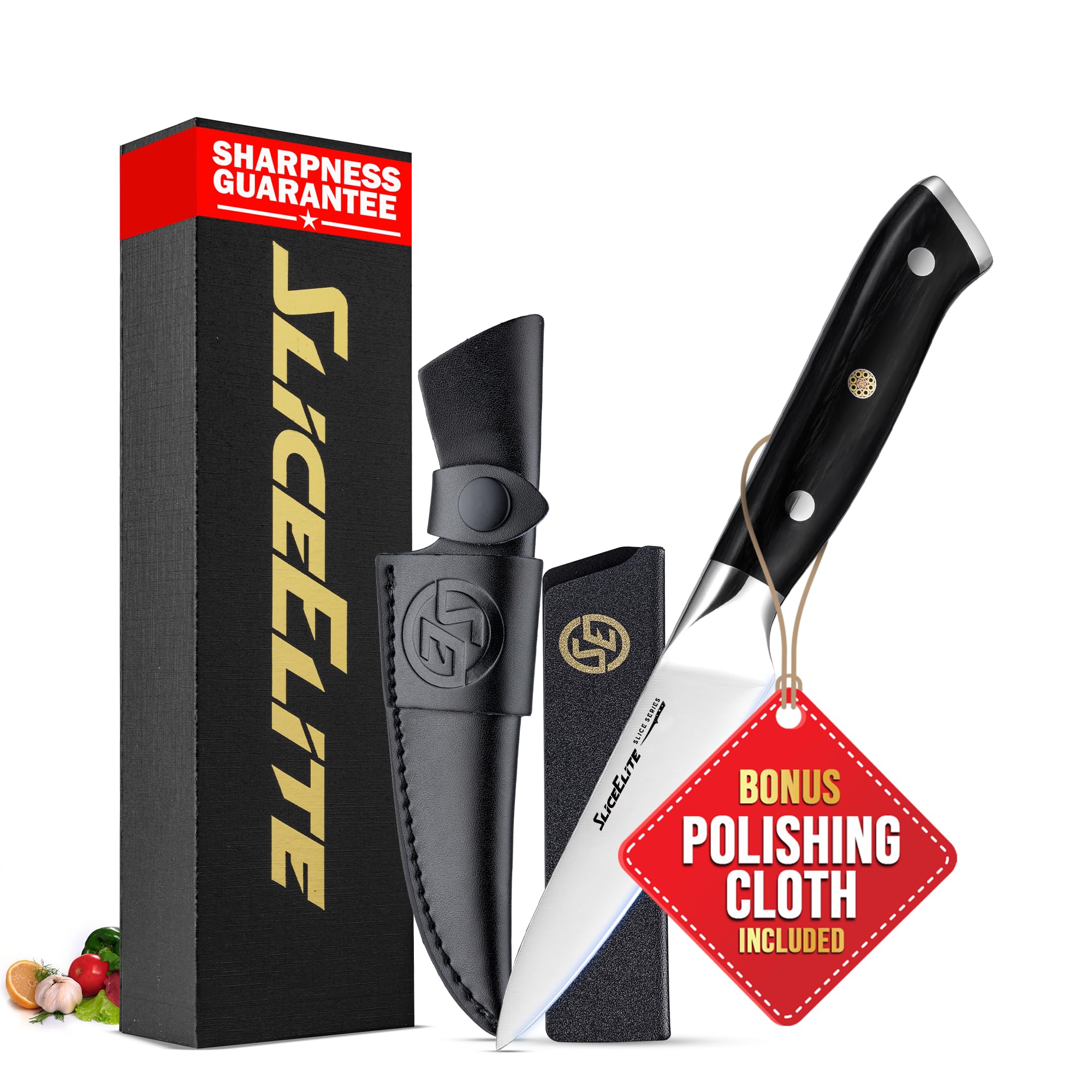 SliceElite Slice Series 3.5-Inch Paring Knife Ultra-Sharp High Carbon German Steel Fruit Knife with Ergonomic Pakkawood Handle & Dual Sheath | Kitchen Knives for Peeling Vegetables & Fruits