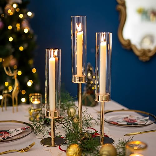 Miniatura 4 de Sziqiqi Candelabros cónicos Hurricane centro de mesa de boda, juego de 3 portavelas de cristal dorado para chimenea de Navidad