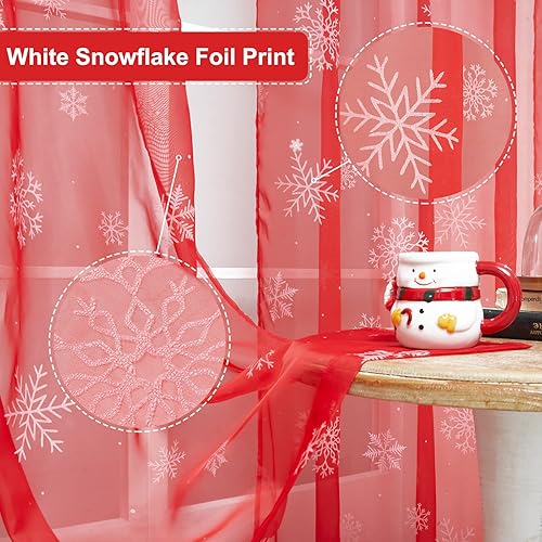 Miniatura 4 de Tony's collection Cortinas traslúcidas rojas de 84 pulgadas de largo para sala de estar, estampado de copos de nieve, regalo para decoración de