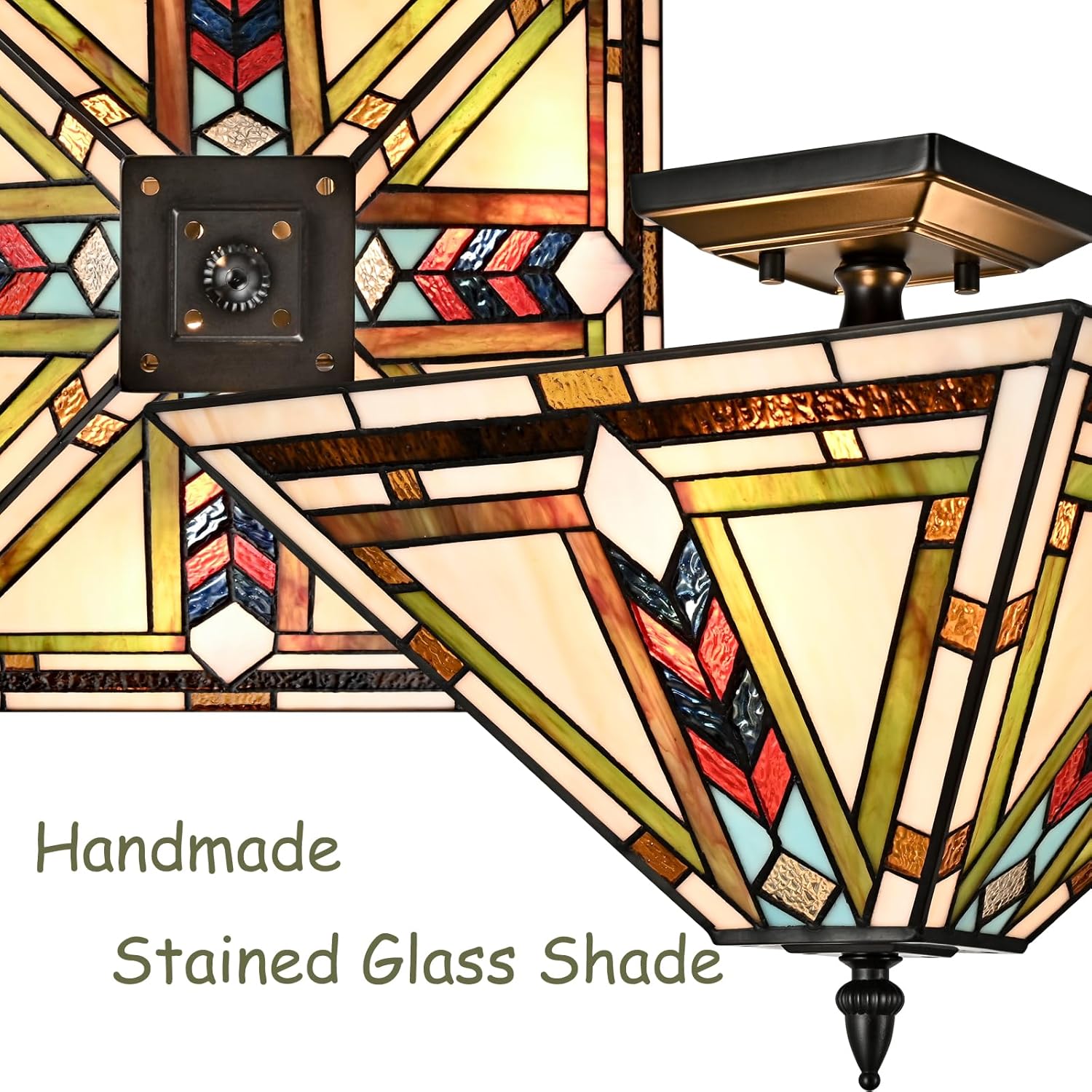 DANSEER Stained Glass Ceiling Light 3-Light Tiffany Style Semi Flush Mount Light Vintage Ceiling Light Fixture with Glass Copper Shade for Hallway Bedroom Living Room Entryway