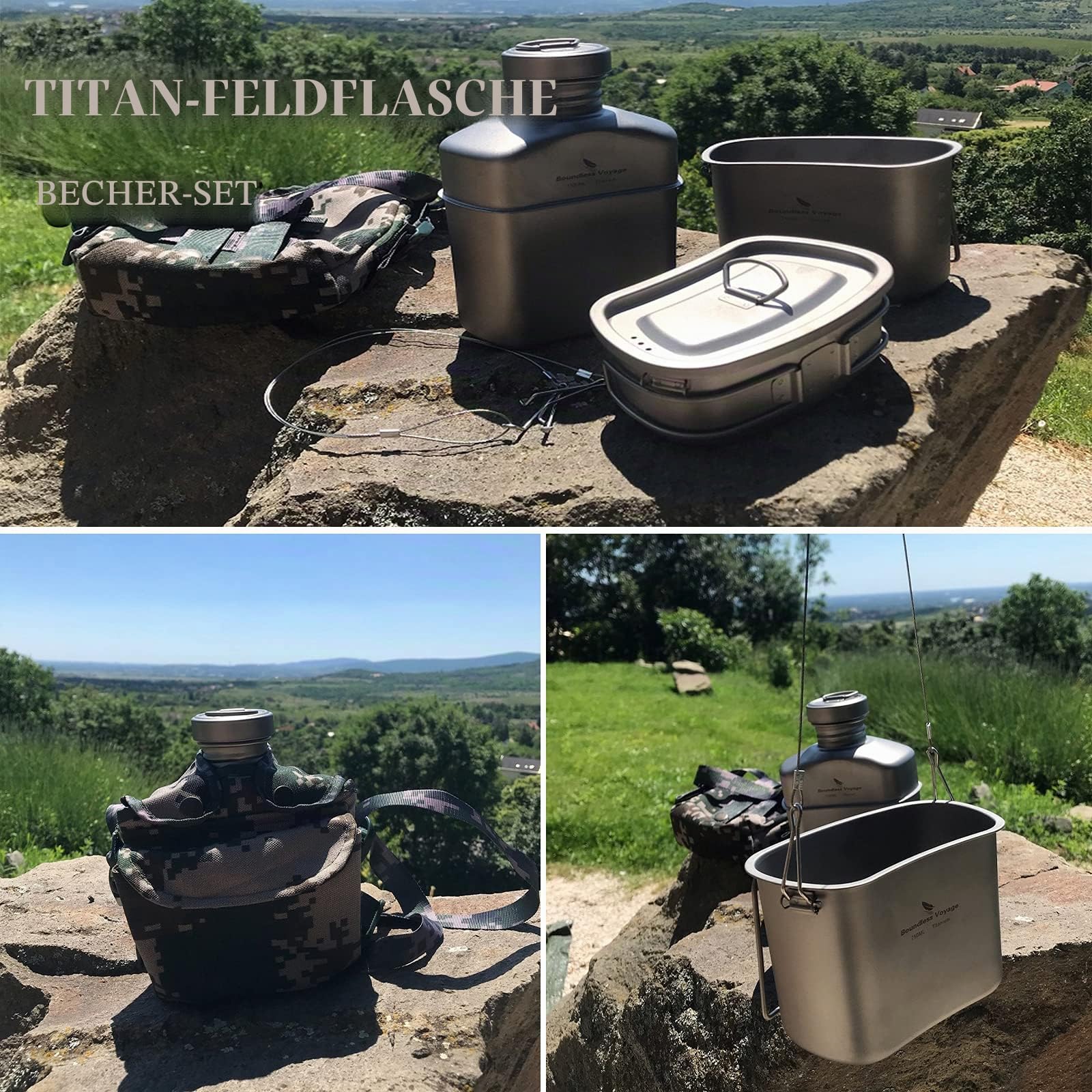 iBasingo Camping Titan Feldflasche Kochgeschirr 750ml+400ml Becher 1100ml Militär Wasserflasche Outdoor Kantine Tassen Set Ultraleicht Canteen Cup Kochset Geschirr Nierenkessel Trinkflasche