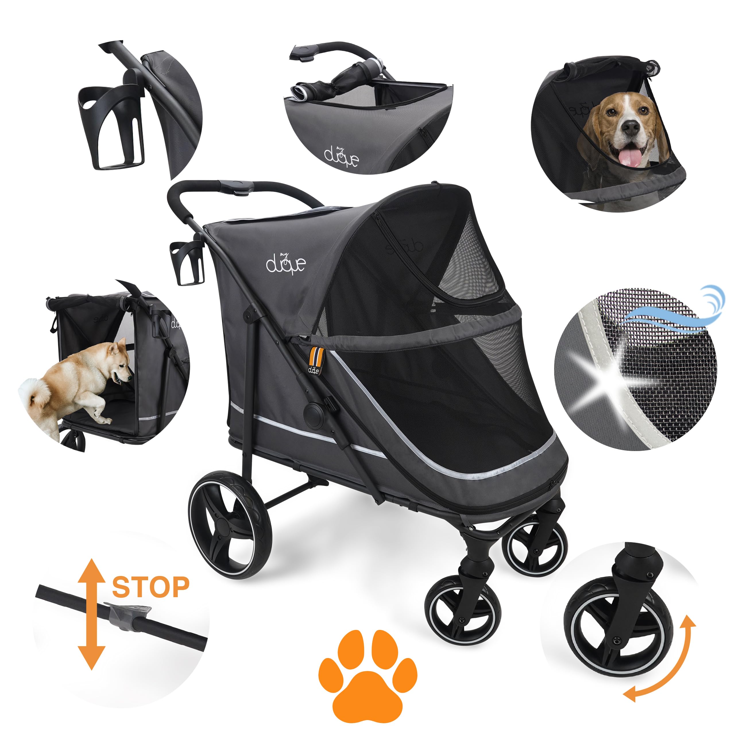 Hundebuggy Hundewagen CHAMP – XL Buggy große Hunde, geräumig, Tierwagen, Haustierwagen, Katze, Hund, Zusammenfalten, inkl. Regencover, Getränkehalter, Stauraum, max. Last 50kg/110lb, Grau