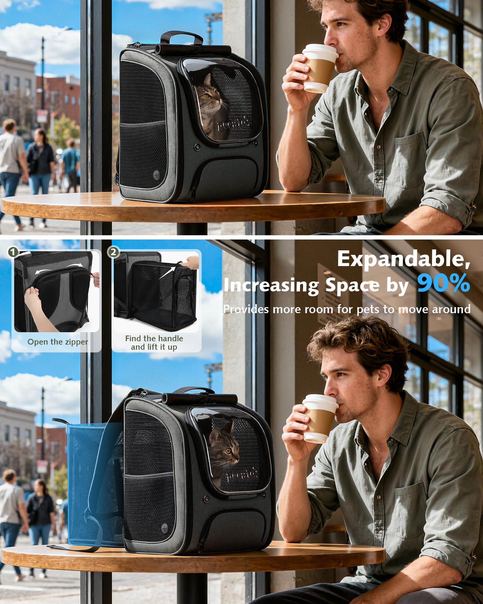 Pecute Scalabile Zaino Trasportino per Gatti a Bolla - Ampio spazio stabile, parasole traspirante, ideale per viaggiare, fare visitare cliniche veterinarie con il tuo animale domestico, Grigio