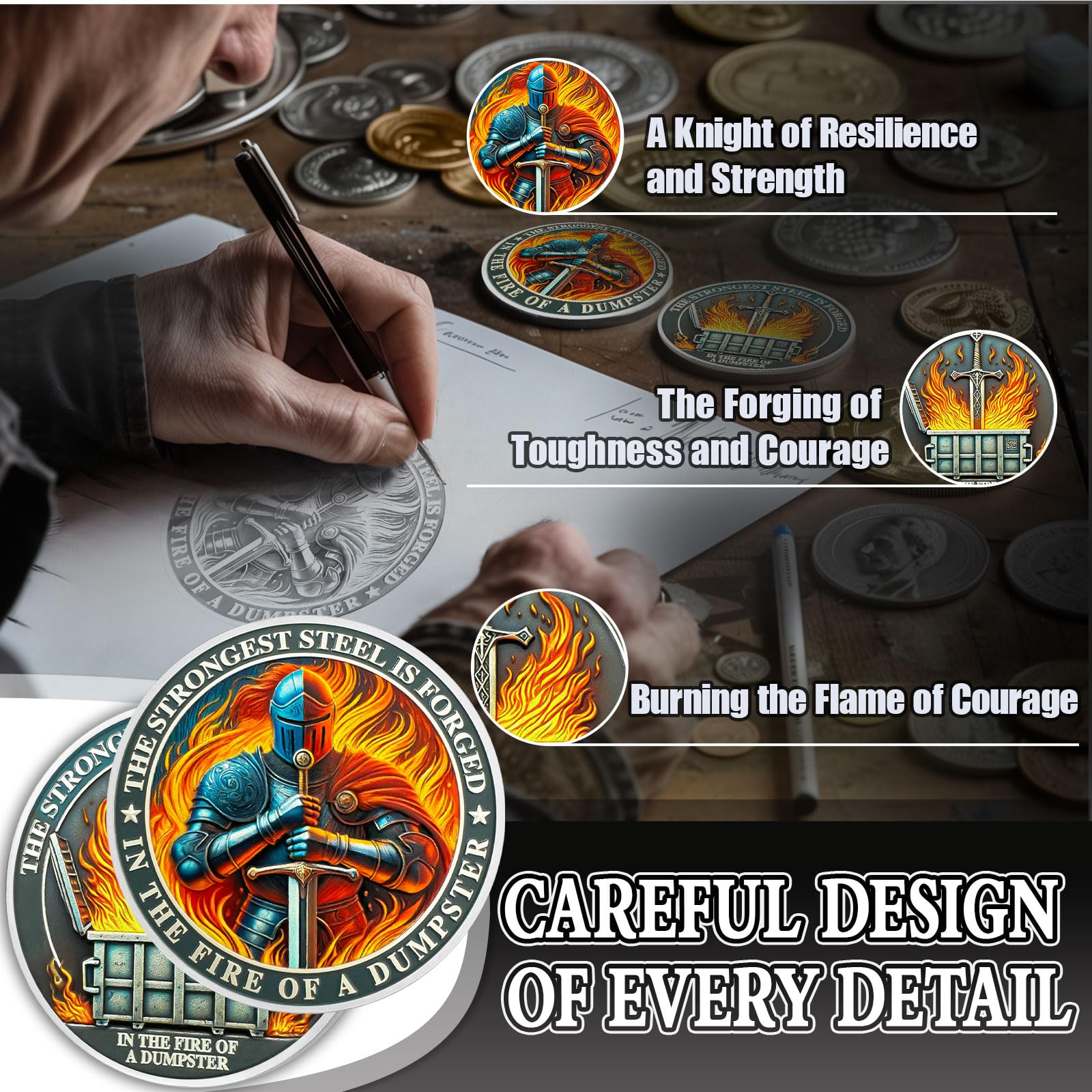 5Pcs Knights Dumpster Fire Coin, Knight's Sword Dumpster Fire Challenge Coin, Funny Office Desk Accessories - Image 3