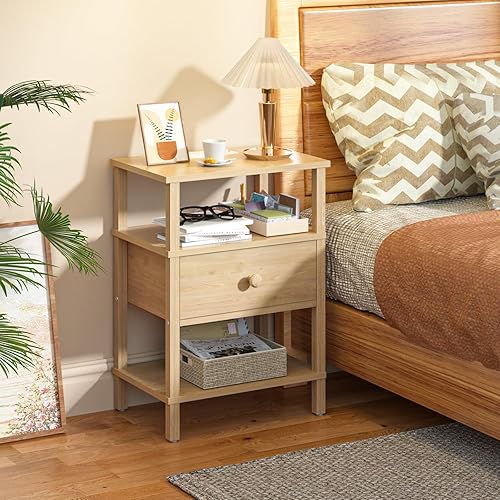 Miniatura 6 de Lerliuo Mesita de noche con estación de carga y puertos USB, mesa auxiliar de almacenamiento de 3 niveles con estante para cajones, mesita de noche