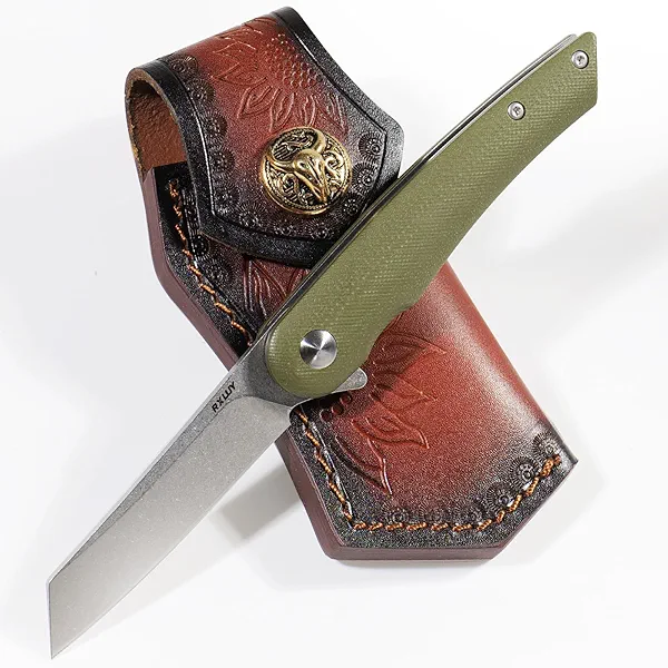 RXLUY Folding Pocket Knife with Leather Sheath, 2.79” 14C28N Steel Blade Micarta Handle Flipper Liner Lock Small EDC Folding Knife, Sharp Camping Hunting Outdoor Survival Knives for Men Women (Green)