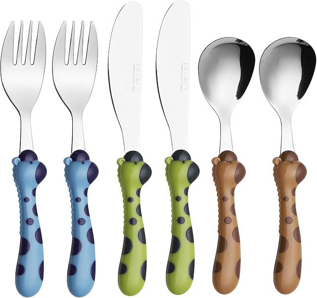 EXZACT Children's Cutlery 6pcs Toddler Cutlery/Kids Flatware - Stainless Steel - 2 x Forks, 2 x Safe Dinner Knives, 2 x Dinner Spoons (Giraffe x 6)