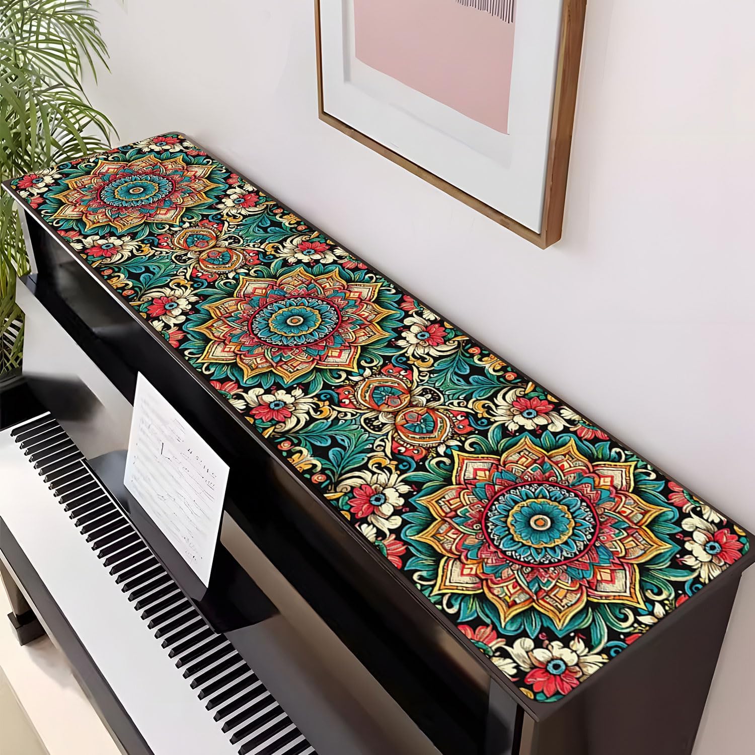 Piano Top Runner Mat, Non-Slip Rubber Bottom, Free Cut Top Protector Dust-Proof Covers for Piano Musical Instrument,Chiffonier,Chest of Drawers,TV Stand,Television Cabinet(Vintage Flora, 61" x 13.8")