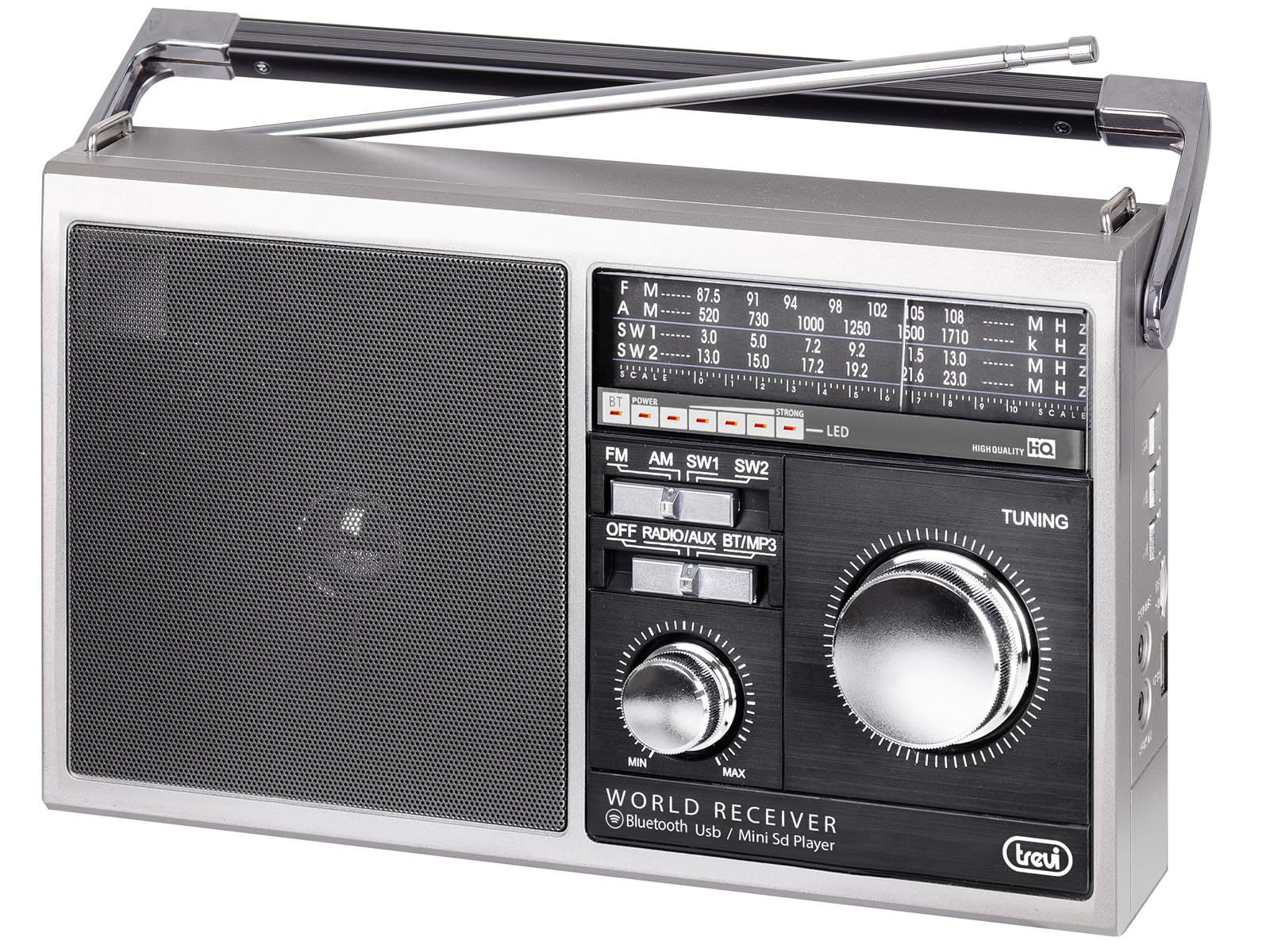 Trevi MB 749 W Radio portátil FM/AM/SW1/SW2, Gris | Audio Wireless v5.0, Reproductor MP3 de USB