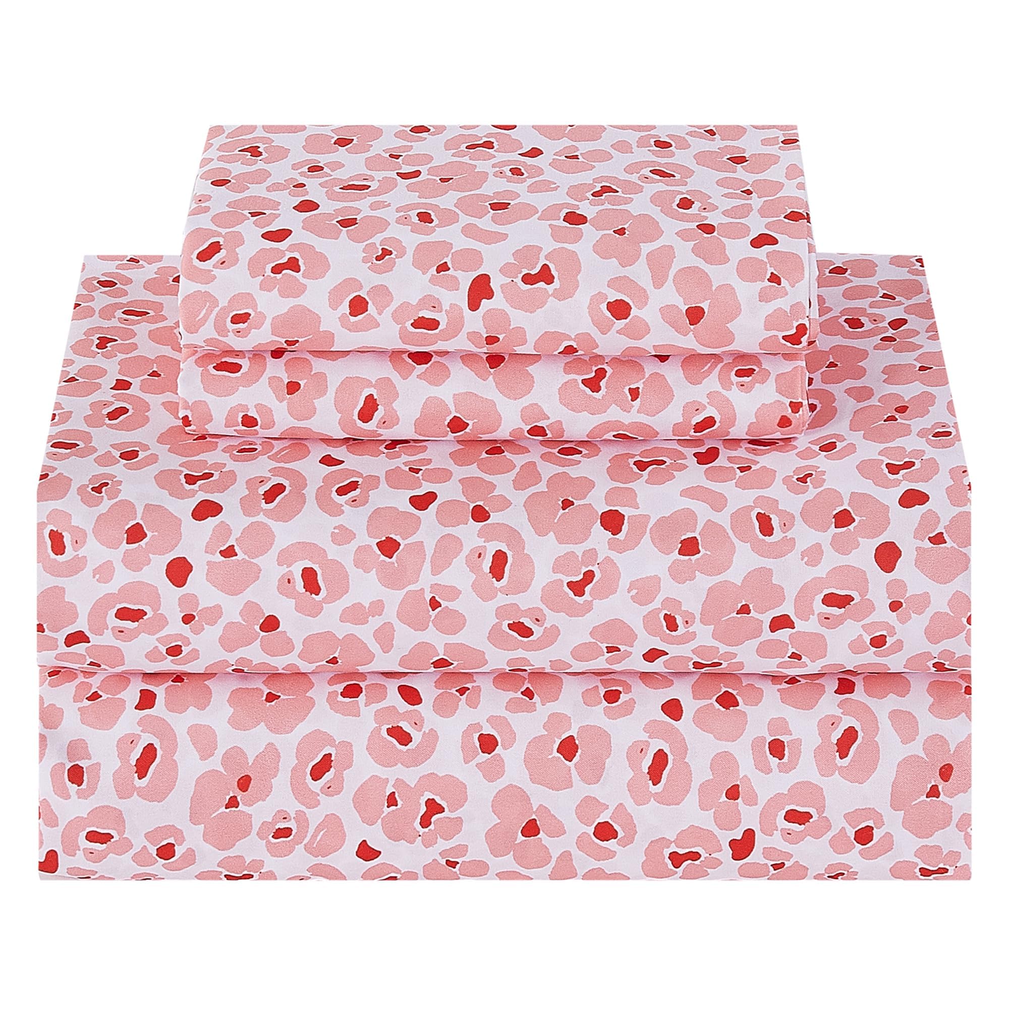 Photo 1 of Softan Pink Floral Full Sheet Set, Cozy Microfiber Leopard Printed Fitted Bed Sheet with 15" Deep Pockets & Non-Slip Straps, Cute Girls Patterned Double Sheets & Pillowcase Set