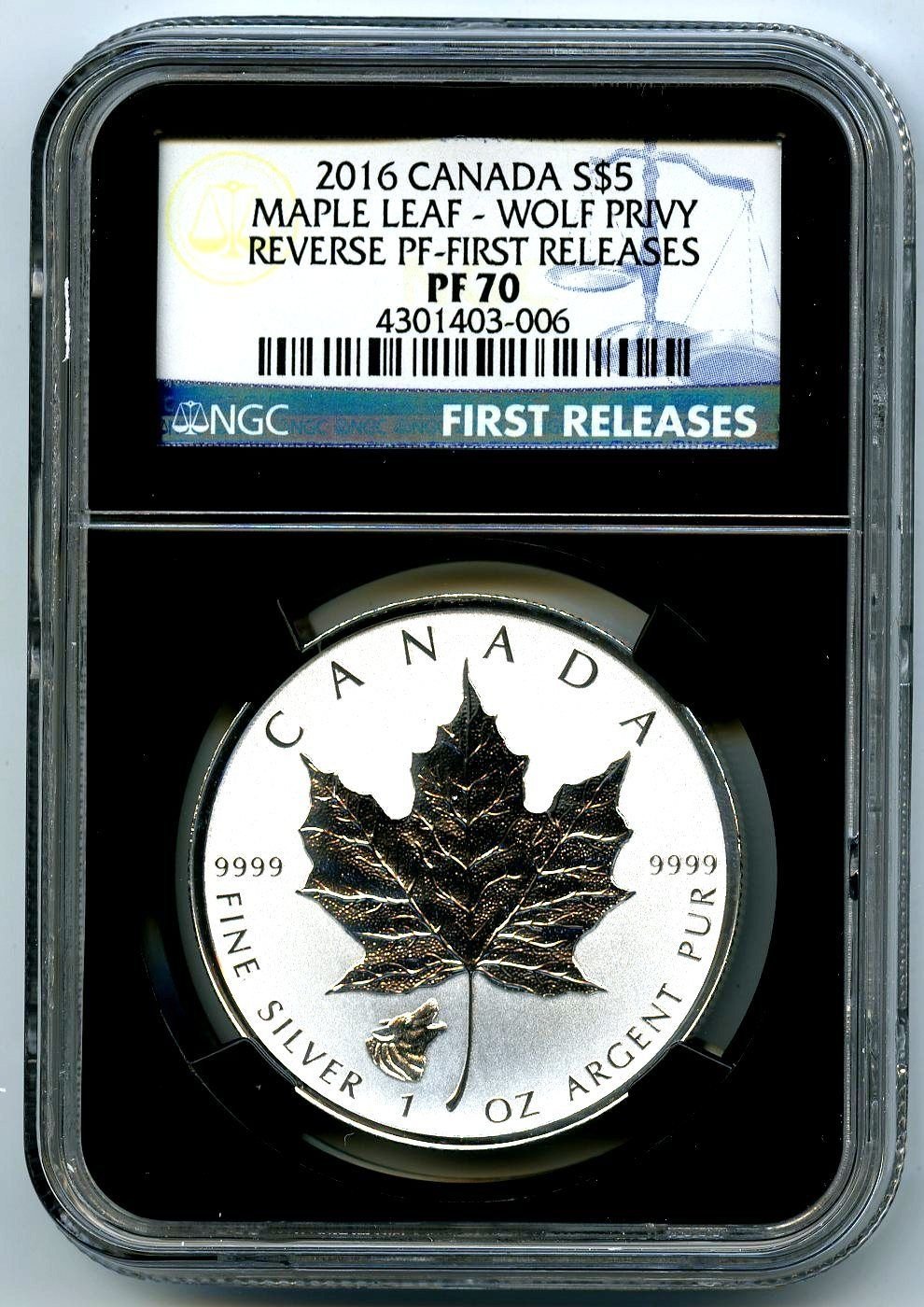 2016 Canada Coin Canadian Silver Maple Leaf Reverse Proof WOLF Privy FIRST RELEASES $5 PF70 NGC