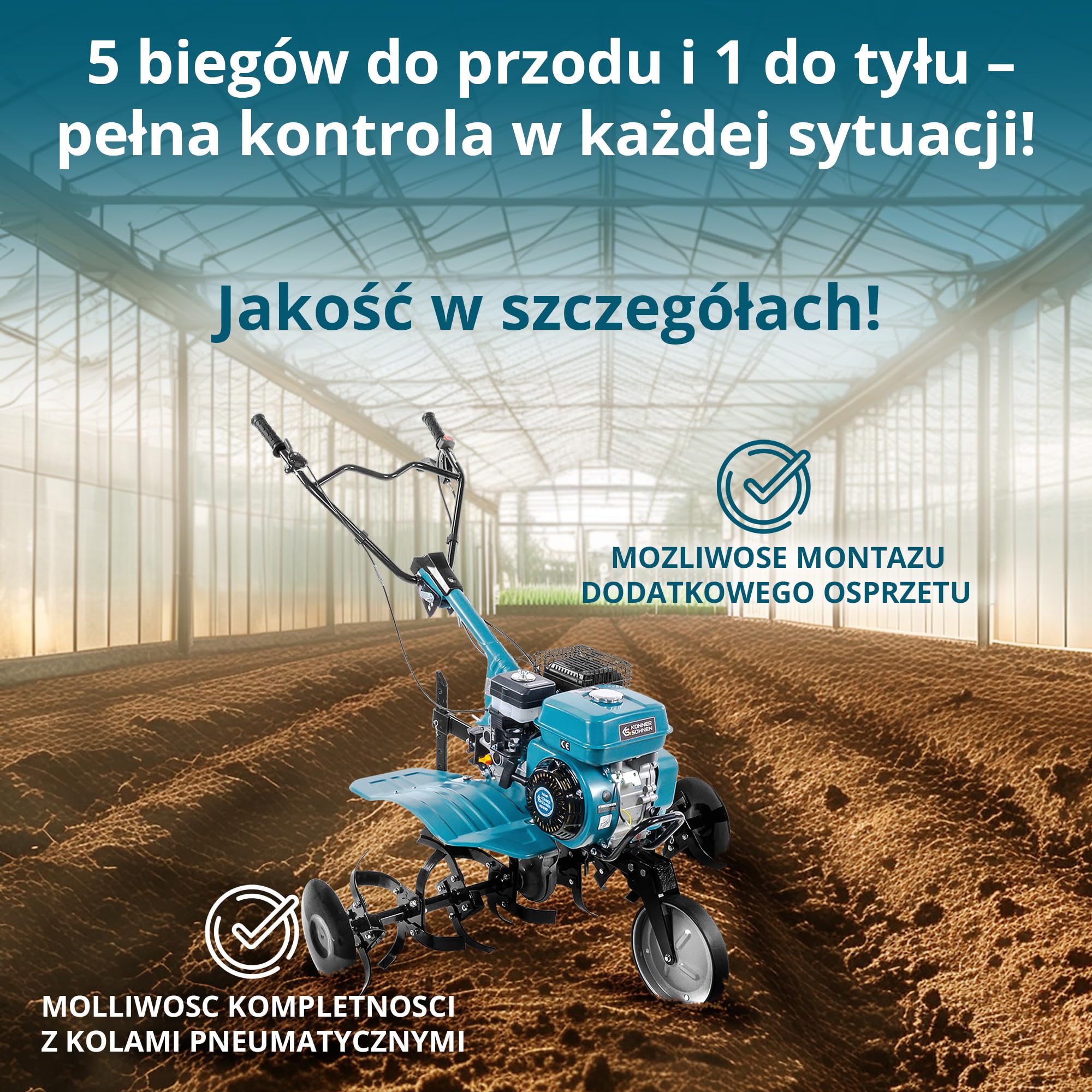 Glebogryzarka benzynowa Könner & Söhnen KS 7HP-950A Kultywator spalinowy z paskiem, napędem łańcuchowym, kutymi nożami szablastymi, regulowanym napędem, 2 biegi do przodu, do tyłu, szerokość robocza 108 cm, głębokość robocza ≤ 31 cm, 7,0 KM do wszystkich