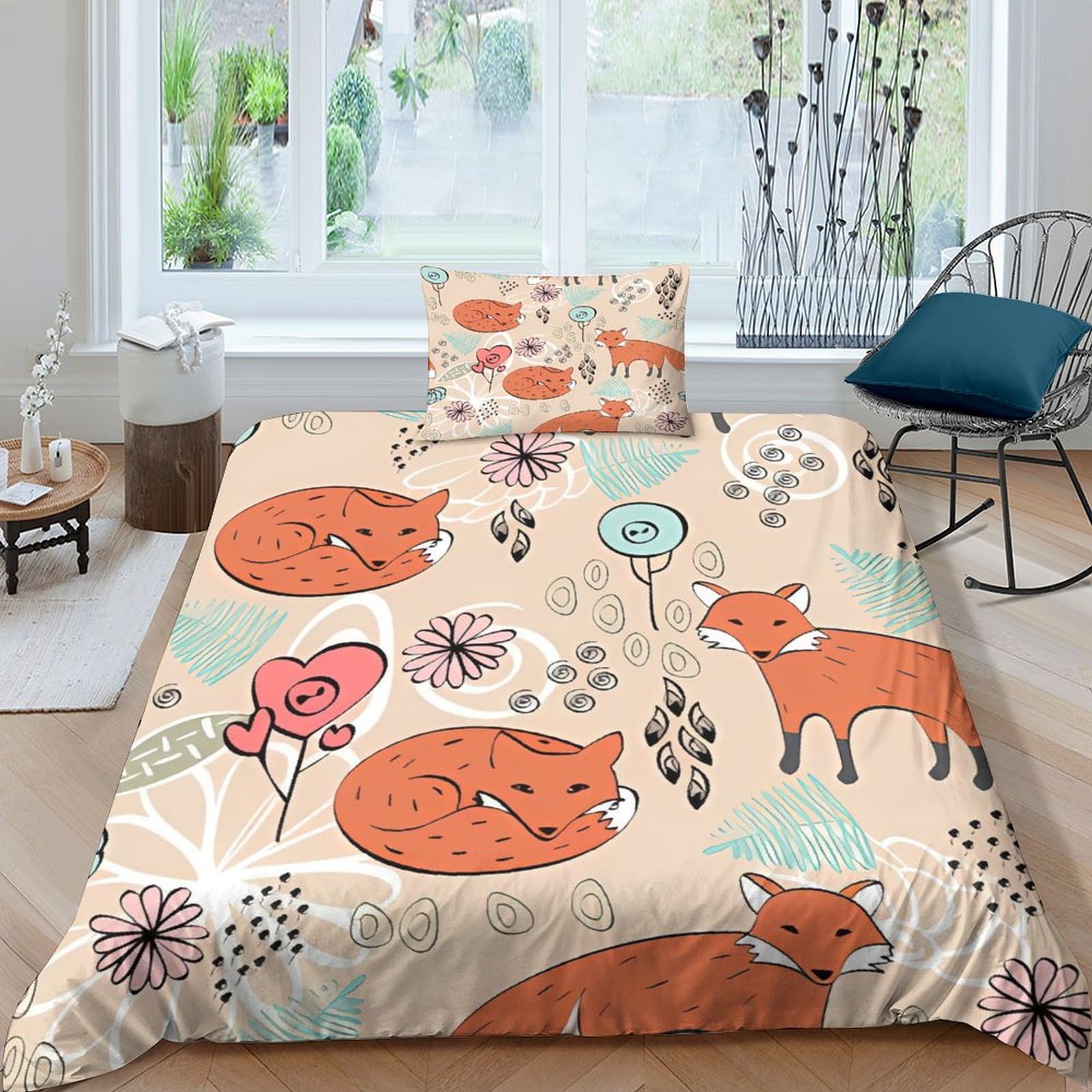 Housse de couette renard parure de lit single 135x200 zippée