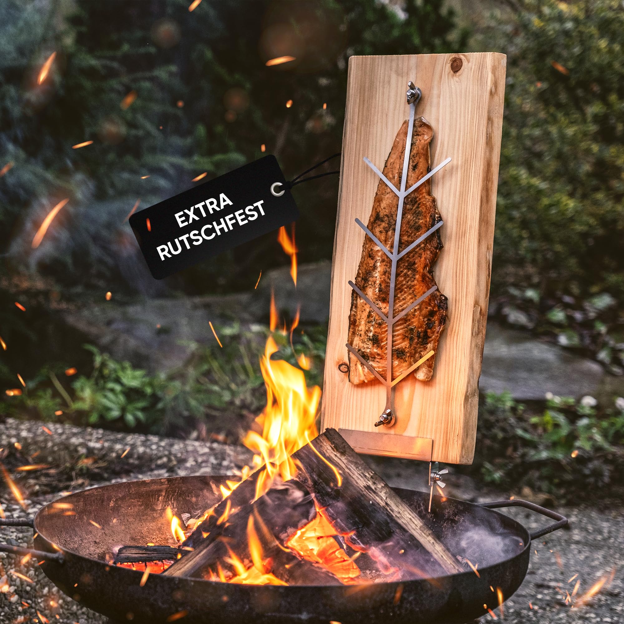 XL Flammlachbrett [mit 5 verstellbaren Einstellwinkel] aus Lärchenholz mit Maserung | ca. 200-290 x 500 x 20 mm | Lachsbrett für Feuerschalen & Kugelgrill