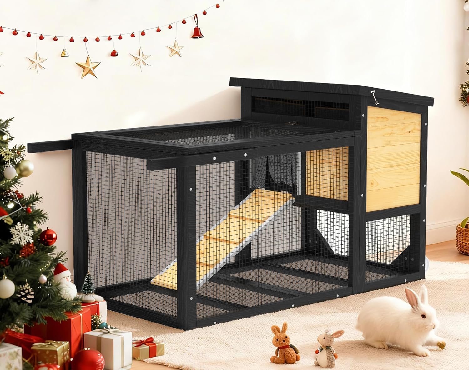 2-Story Rabbit Hutch, Wooden Bunny Cage with Chew-Proof Ramp, Indoor Outdoor Rabbit Cage with Wheels & Pull-Out Tray for Rabbits & Small Animals, Black & Yellow