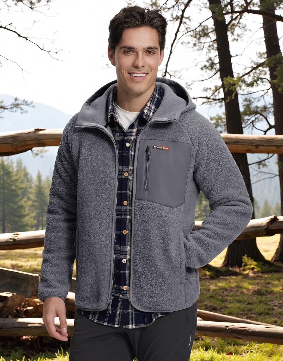 Pioneer Camp Men's Sherpa Fleece Full Zip Up Jacket with Hood Chest Pocket Winter Warm Thick Outwear Coat Hiking Climbing - Image 2