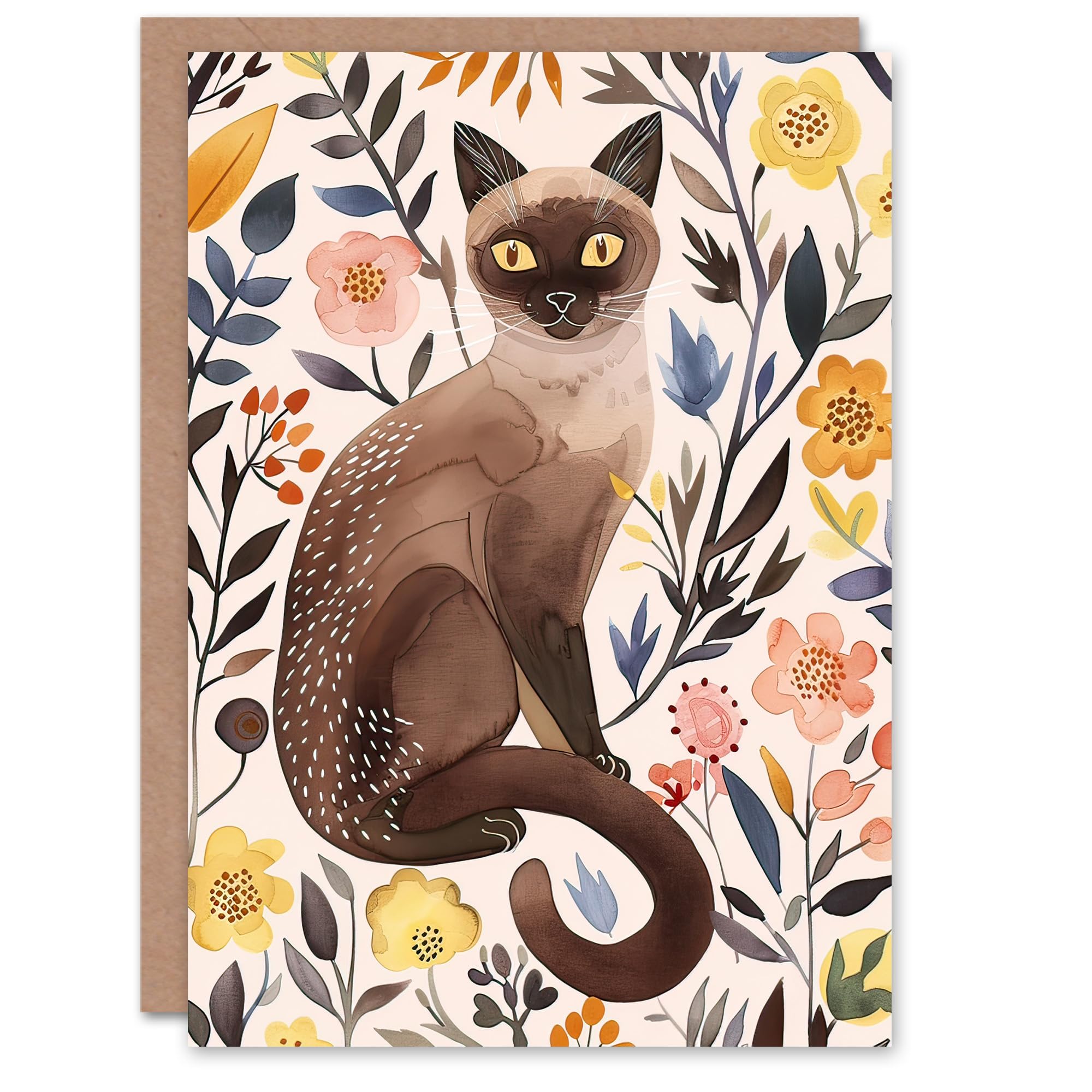 Artery8 Greeting Card Burmese Cat Lover Watercolour Wildflower Portrait Blank For Him Or Her Art Birthday Card