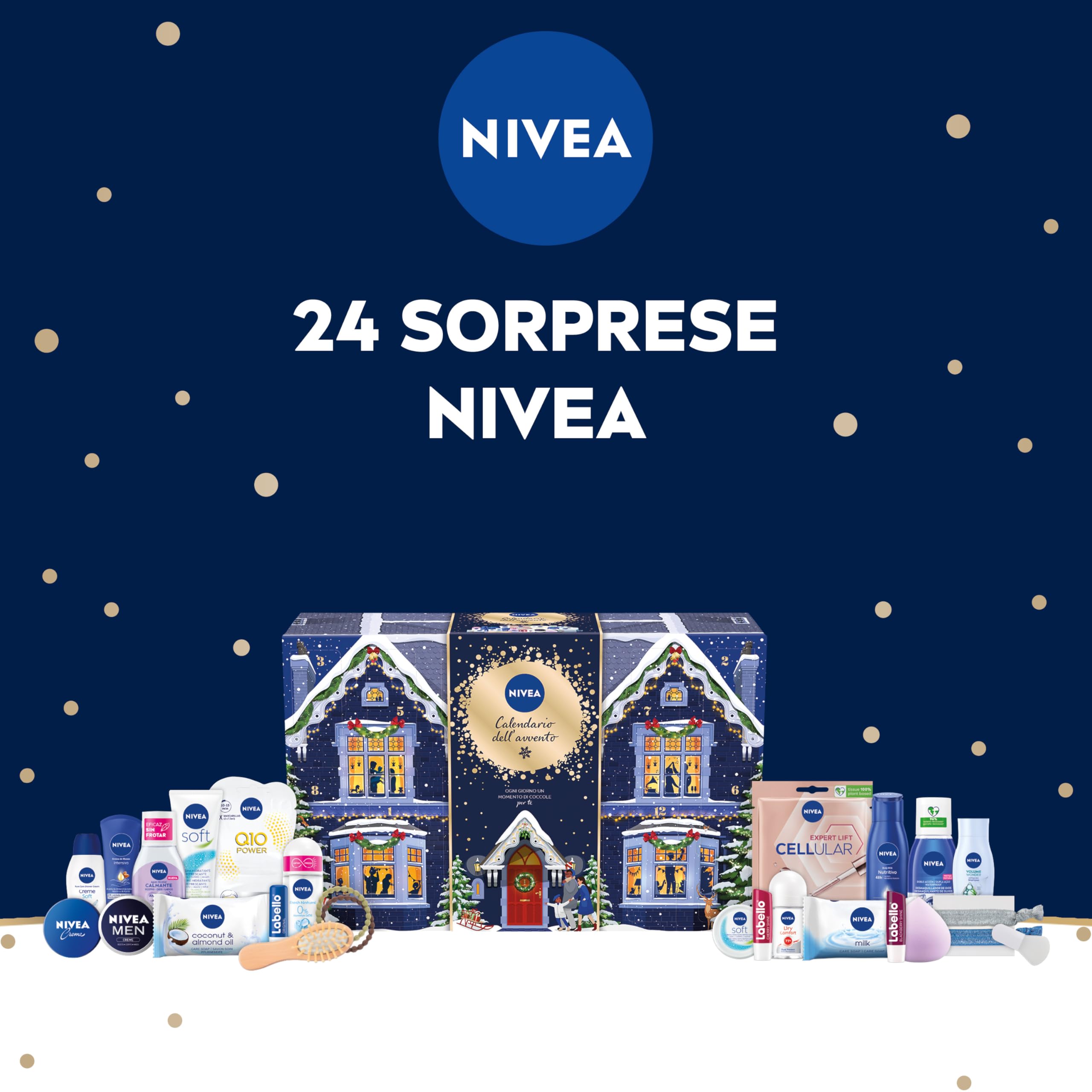 NIVEA Calendario dell'Avvento 2025 per 24 momenti di coccole, Calendario Avvento donna e ragazza festivo ed elegante, Calendario Avvento beauty con prodotti e accessori selezionati NIVEA e Labello