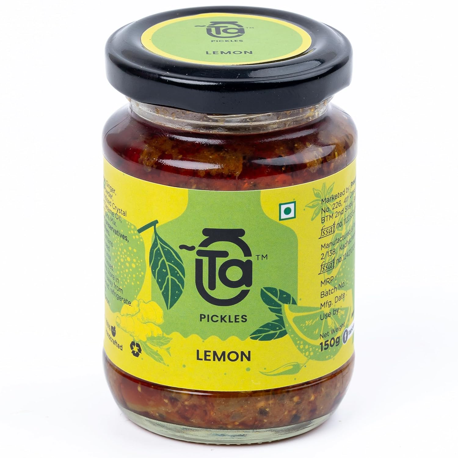 Ta Pickles | Lemon Ginger & Green Chilli Pickle | 150g | Made with Cold Pressed Oil | Homemade | Traditional Indian Taste | Natural | No Preservatives