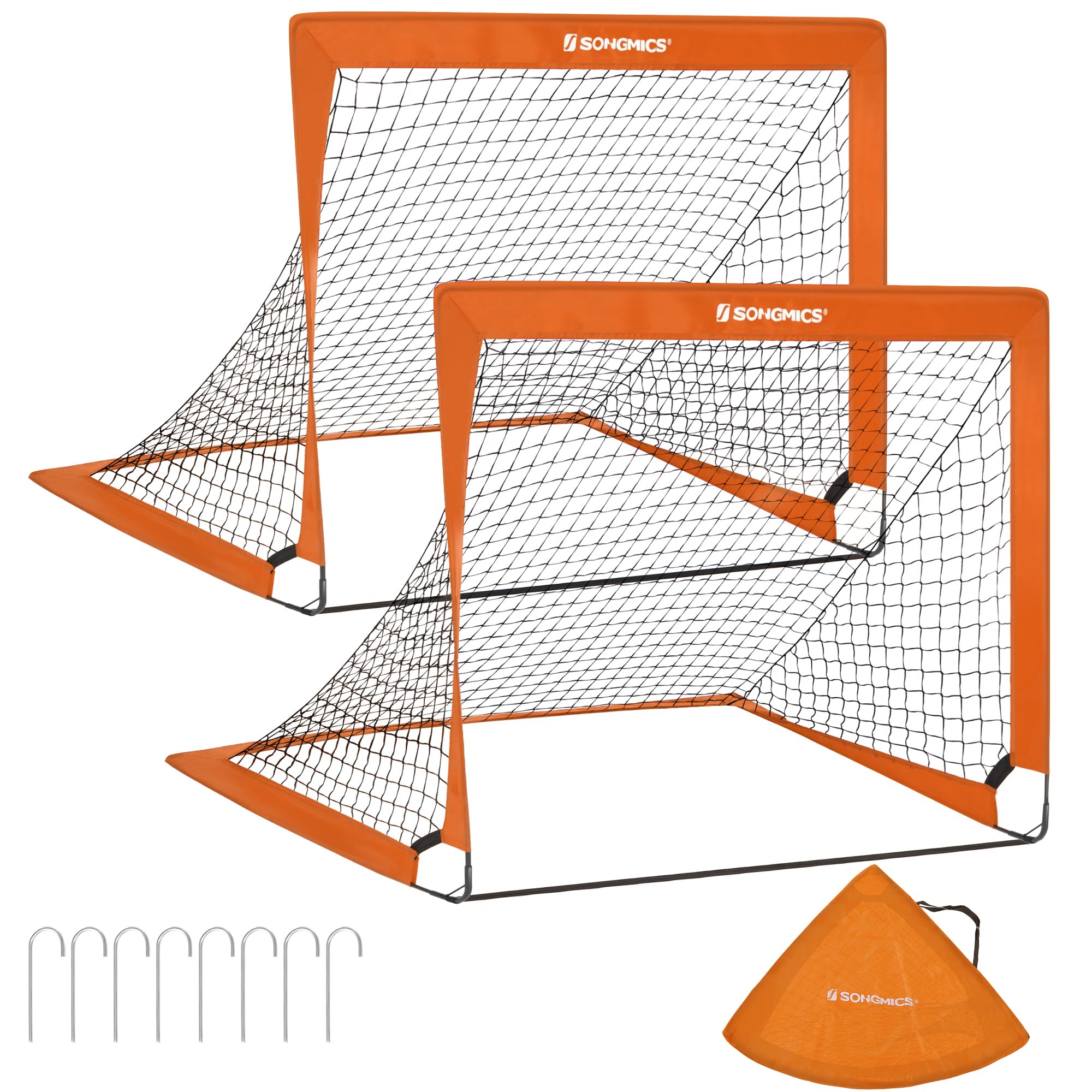 SONGMICS – Juego de 2 jaulas de fútbol para niños, Plegable, Red de fútbol, Montaje rápido, para jardín, Curso, Marco de Fibra de Vidrio, Tela Oxford y poliéster, Naranja SZQ122O02