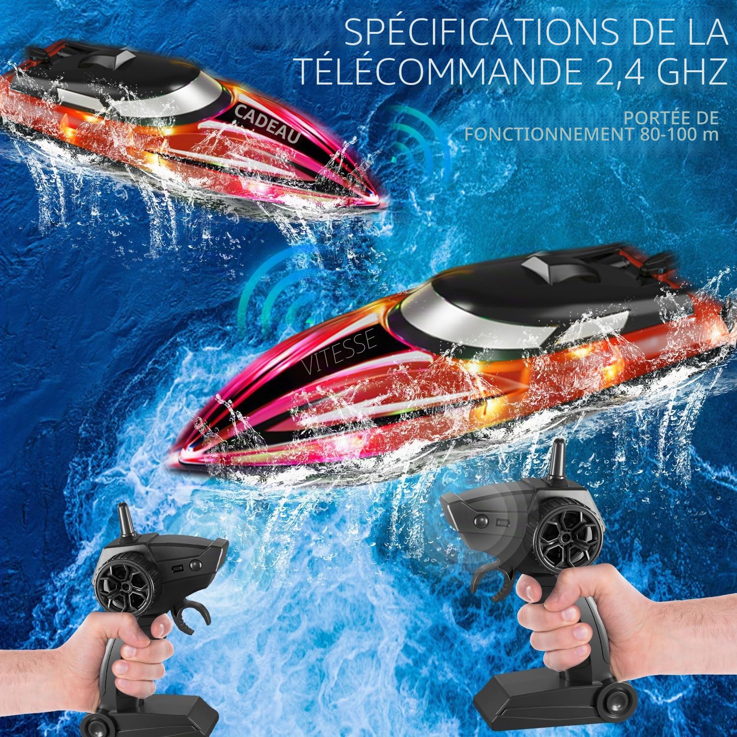 RoserRose Bateau télécommandé, bateau radiocommandé, avec éclairage LED, télécommande 2,4 G, double moteur, étanche et protection anti-basculement, bateau à moteur télécommandé pour enfants, avec 2