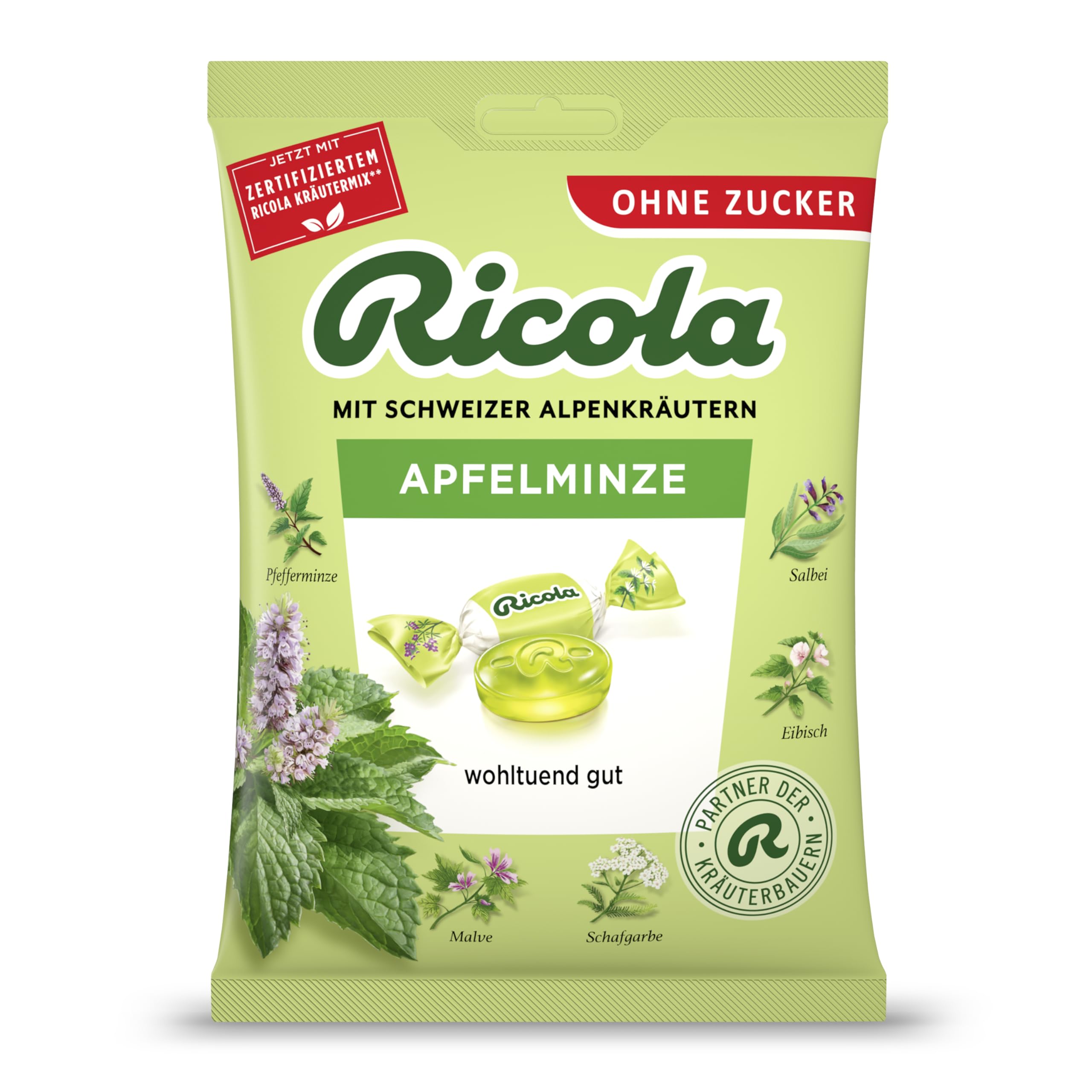 Ricola Apfelminze, 75g Beutel original Schweizer Kräuter-Bonbons mit 13 Schweizer Alpenkräutern & natürlicher Apfelminze, zuckerfrei, 1 x 75g, vegan