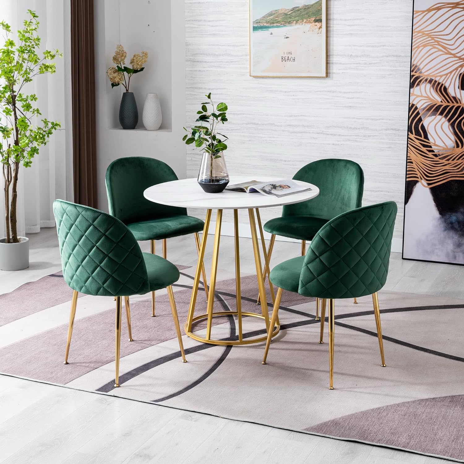 Ensemble Table a Manger avec 4 Chaises Tables Ronde 80cm et Chaises Velours pour Cuisine, Salle à Manger et Salon (4 chaises Vert + Table Ronde)
