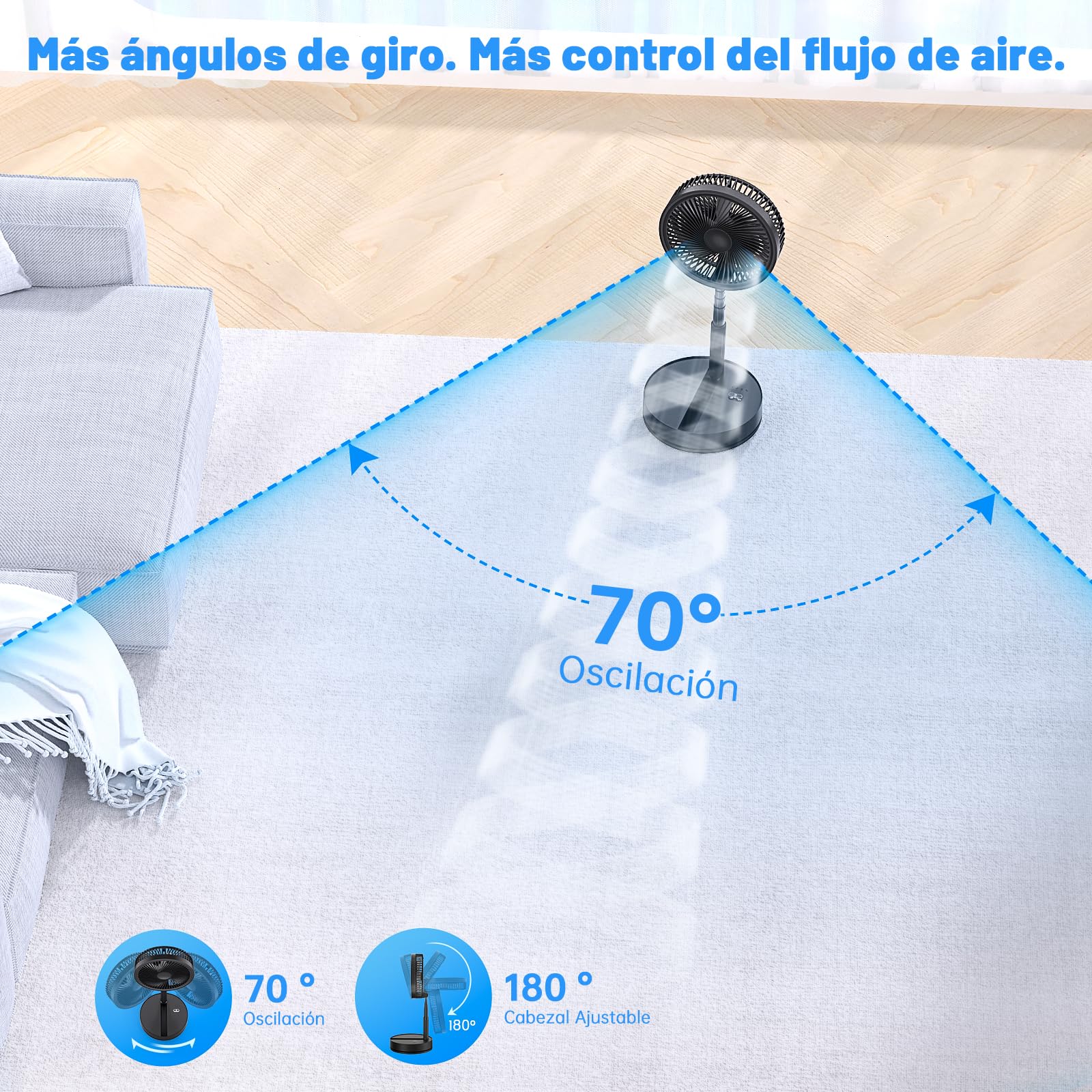 Ventilador de Pie Portatil Silencioso - 8,6" Plegable Suelo/Mesa Fan con Mando a Distancia, 8000mAh Bateria USB C Recargable, 4 Modos, Temporizador, Auto-rotación, para Dormir Oficina Camping (Negro)