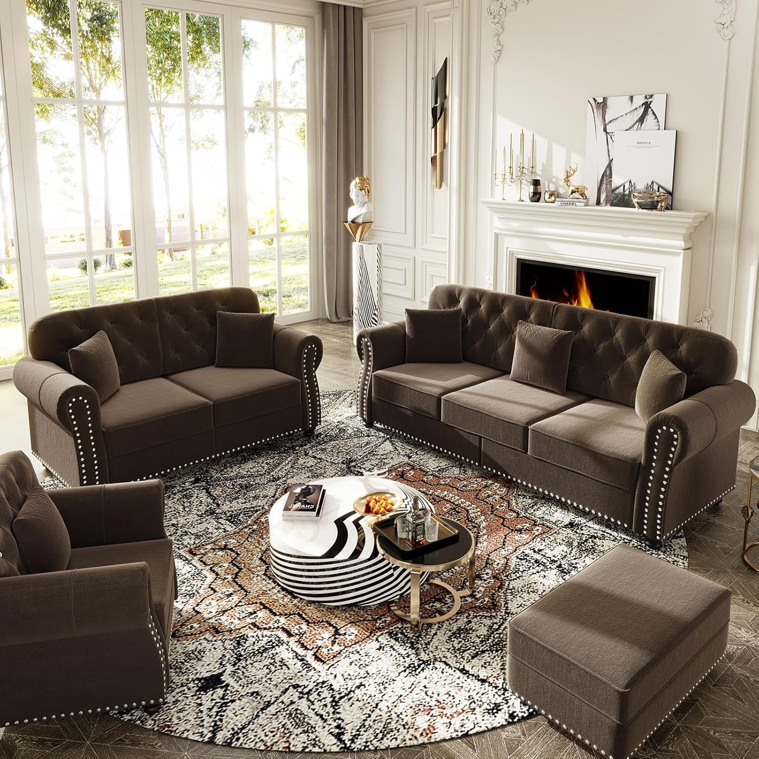 4 Pieces Chesterfield Sofa Set with Ottoman, 1& 2& 3 Seater Comfy Tufted Velvet Couch with Rolled Arms & 6 Pillows, Mid Century Modern Couch and Loveseat, Vintage Living Room Sets Furniture (Brown)
