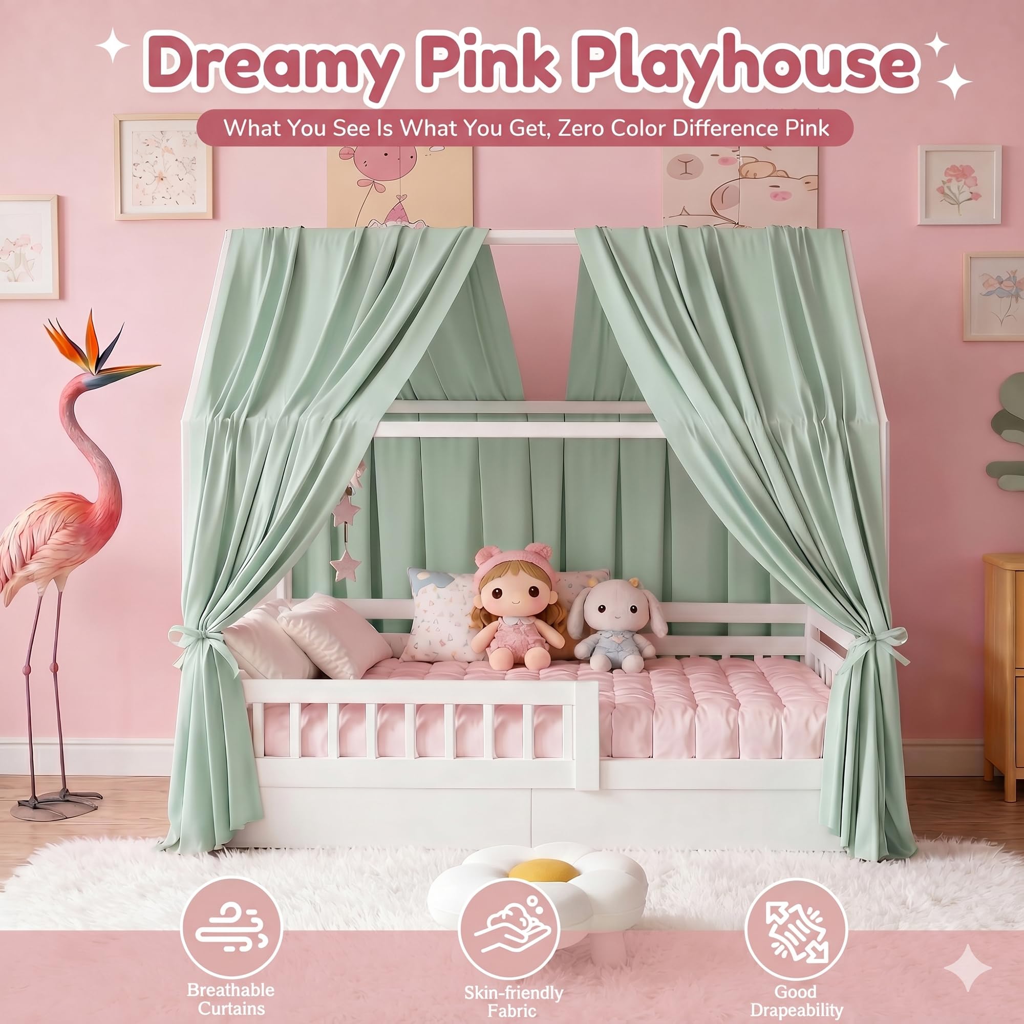 RANJIMA Hausbett Himmel,2 Stück Betthimmel Hausbett aus Musselin, Betthimmel Kinderbett Stoffhimmel für Hausbett Mädchen Jungen Baldachin Kinderzimmer Deko Vorhang Set für Kinderbett 67 x 270 cm Grün