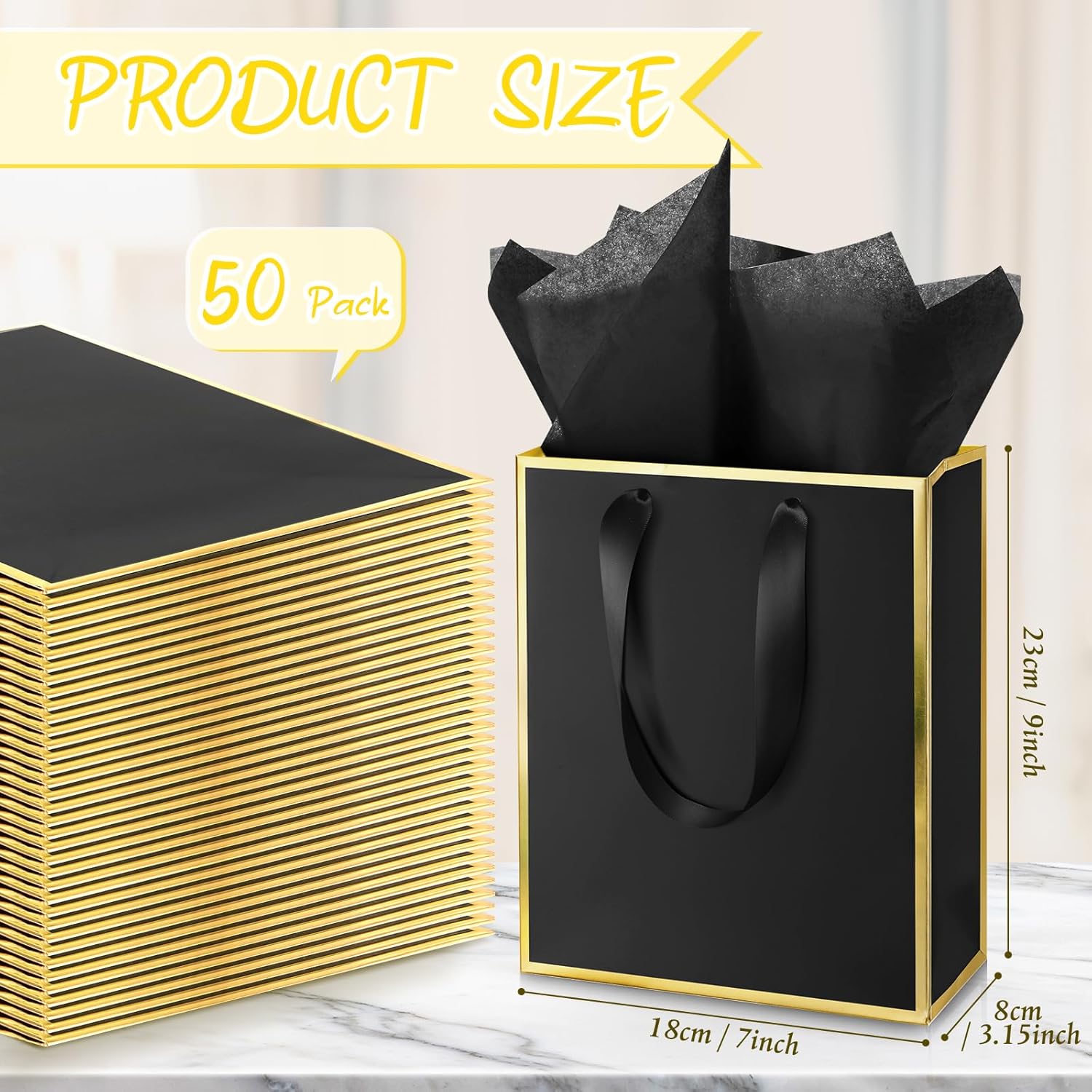 Yeaqee 50 Pack Metallic Gift Bags with Handle and Tissue Paper Gold Foil Thank You Bag for Valentine Wedding 5 Groomsmen Bridal 5 Senses Gifts Holiday Party Favors 9x7x3.15''(Black Gold) - Image 2