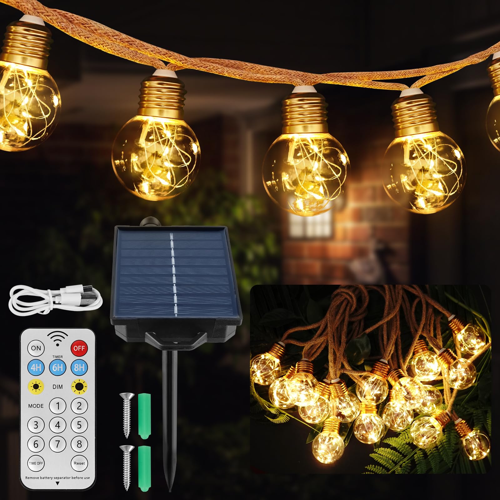 Jimhaby 8M Solar String Lights for Garden Fence/Patio Party, LED Fairy Lights with Remote, IP65 Waterproof Bulbs, 8 Modes USB & Solar Charging, Wedding/Christmas Decor