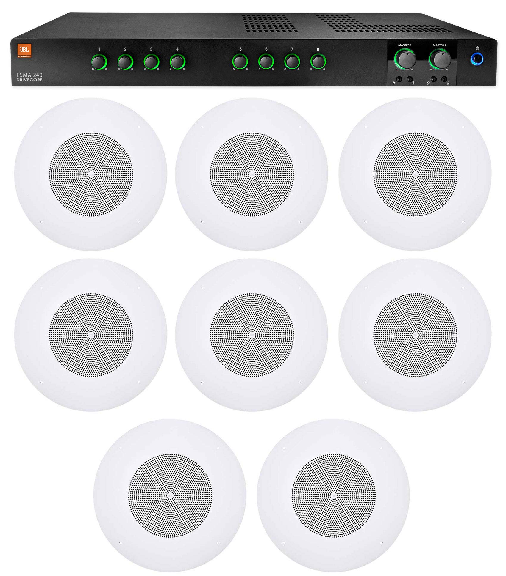Audiosavings Bundle: JBL CSMA240 Commercial/Restaurant 2 x 40w Amplifier 4ohm/8ohm/70V/100V, 8 inputs Bundle with (8) JBL CSS8008 8