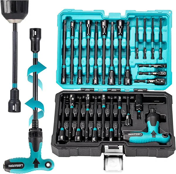 LIBRATON 27PCS Magnetic Nut Driver Set with Ratcheting T Handle, Nut Driver Set for Impact Drill, Metric & SAE Long Socket Set, Drill Bits, Socket Adapters, Wing Nut Driver, Quick-release Bit Holder
