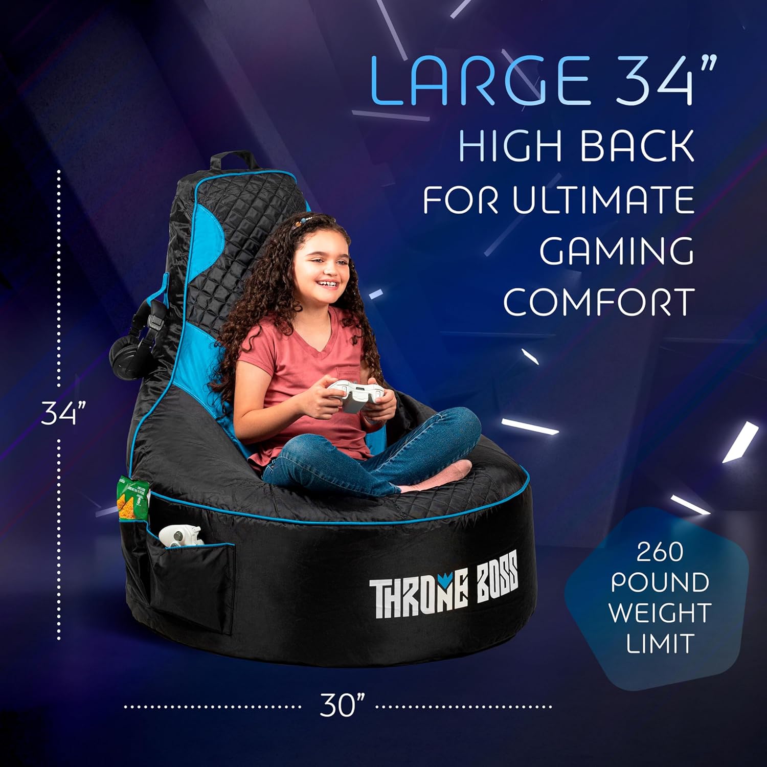 Throne Boss Gaming Bean Bag Chair for Kids with High Back – Floor Gaming Chair, Easy to Clean Oxford 420D Fabric, Large Side Pockets, Headphone Hanger – Cover ONLY Add 200 Liters Beans (Blue)