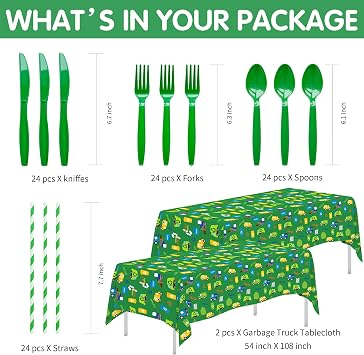 Xigejob Garbage Truck Birthday Party Supplies - Trash Party Decorations Tableware For Birthday Baby Shower, Plate, Cup, Napkin, Tablecloth, Cutlery, Straw, Waste Recycling Party Decorations | Serve 24