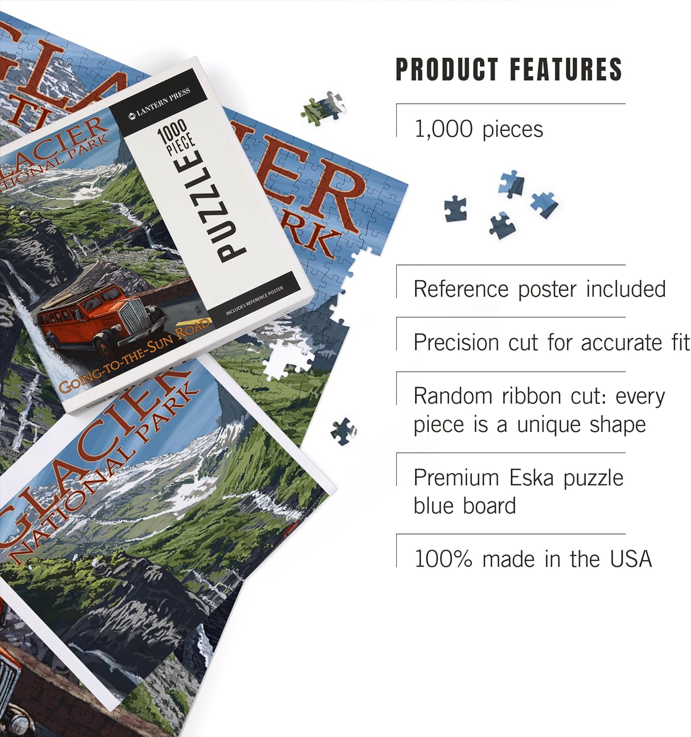 "Lantern Press Glacier National Park, Montana, Going-to-The-Sun Road, 1000 Piece Jigsaw Puzzle for Adults, Made in USA with Reference Poster"