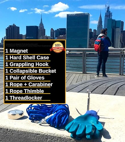 Miniatura 7 de Kit de pesca con imán de 1200 libras con estuche, 2 imanes de pesca en 1 (imán de doble cara), con gancho de agarre, cuerda resistente de 65 pies,
