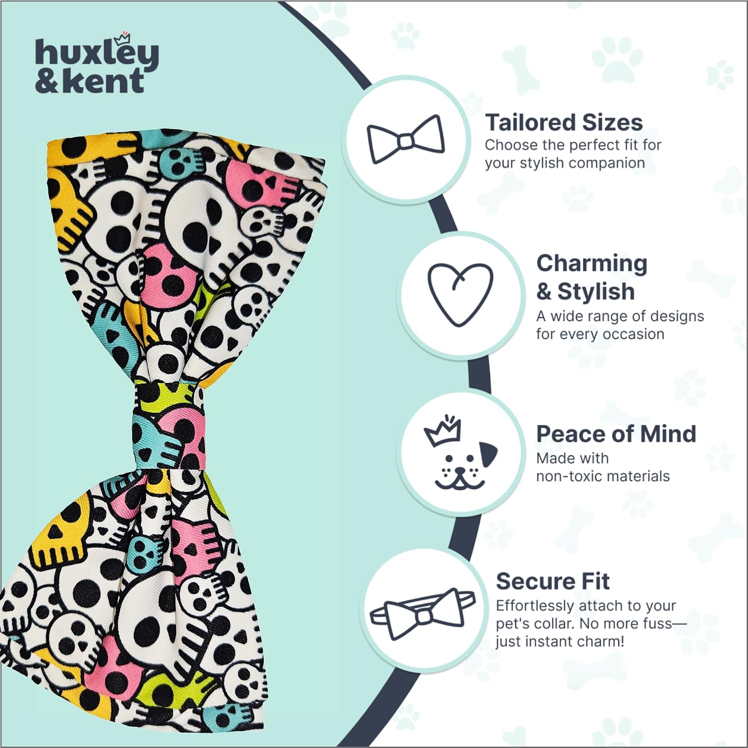 Huxley & Kent Pet Bow Tie for Dogs & Cats - Halloween Adjustable Hook & Loop Collar Accessory - Cute & Comfortable for Holidays & Celebrations - Cotton Candy Skulls, Sm/Md image 5