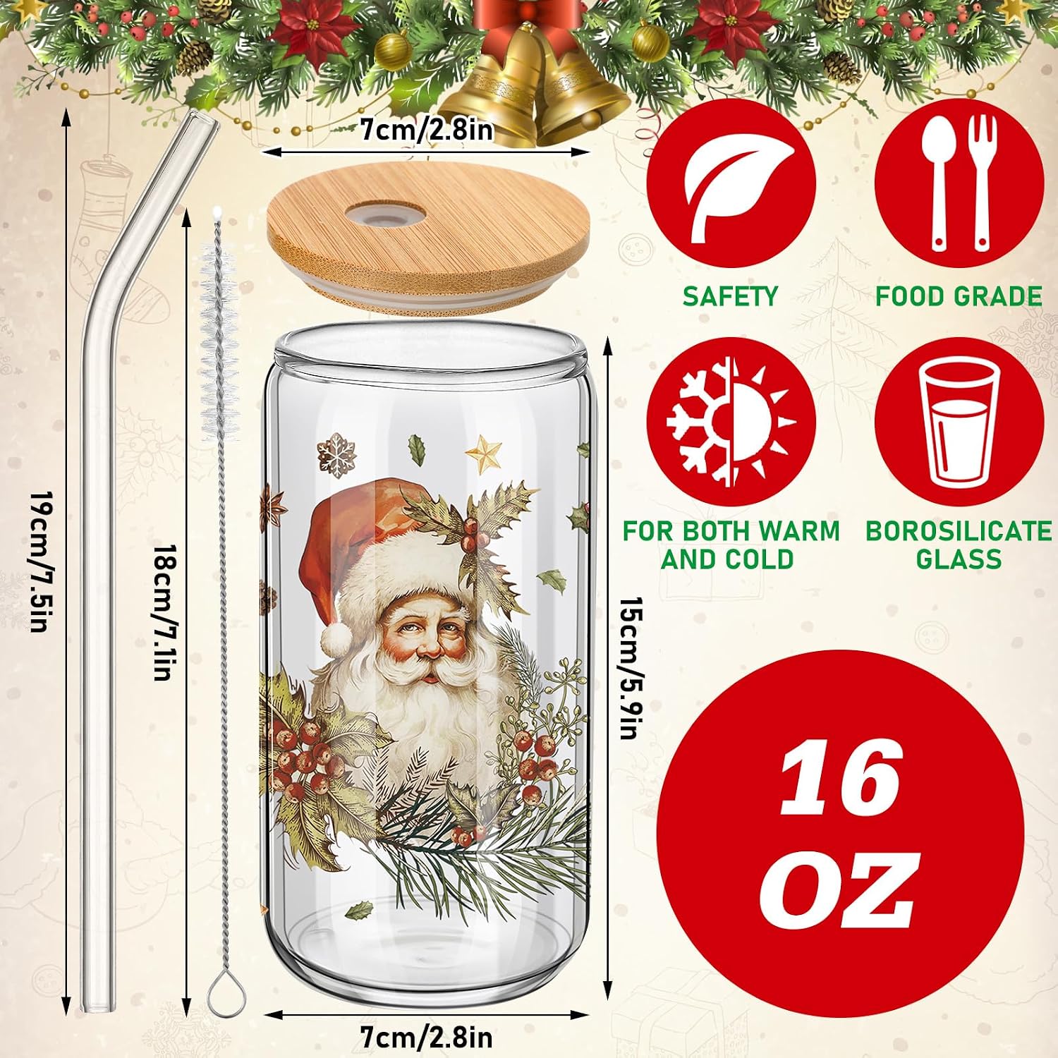Teenyyou 12 Sets of Christmas Glasses Cups with Bamboo Lid and Glass Straw 16 oz Vintage Christmas Glass Jar Winter Drinking Cups Santa Snowman Elk Coffee Cup for Women Men Xmas Holiday Party Gifts